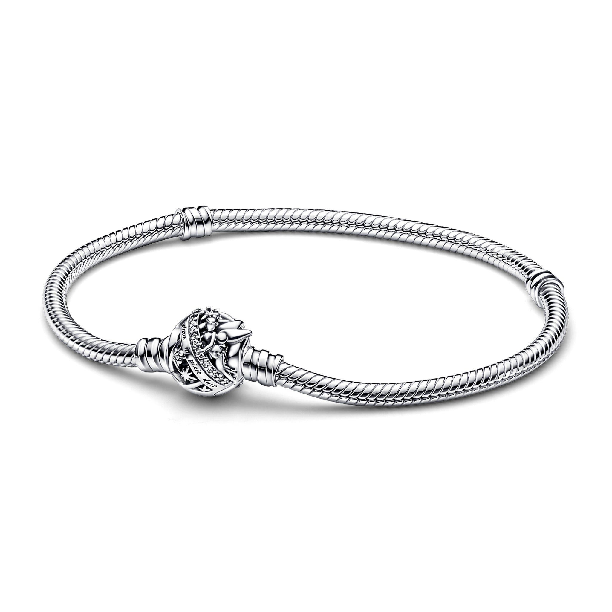 Disney Tinkerbell Snake Chain Sterling Silver Bracelet With Clear Cubic Zirconia