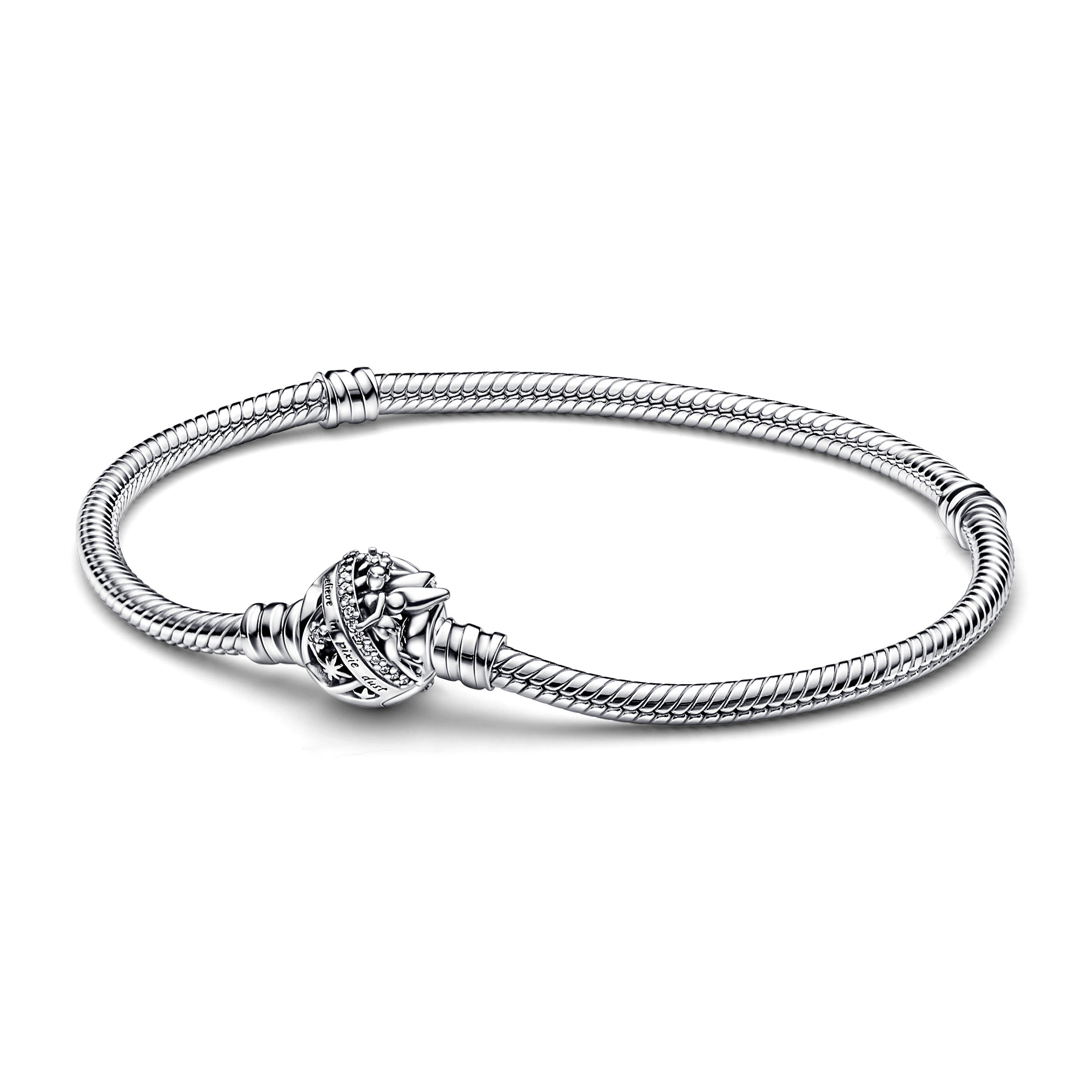 Disney Tinkerbell Snake Chain Sterling Silver Bracelet With Clear Cubic Zirconia