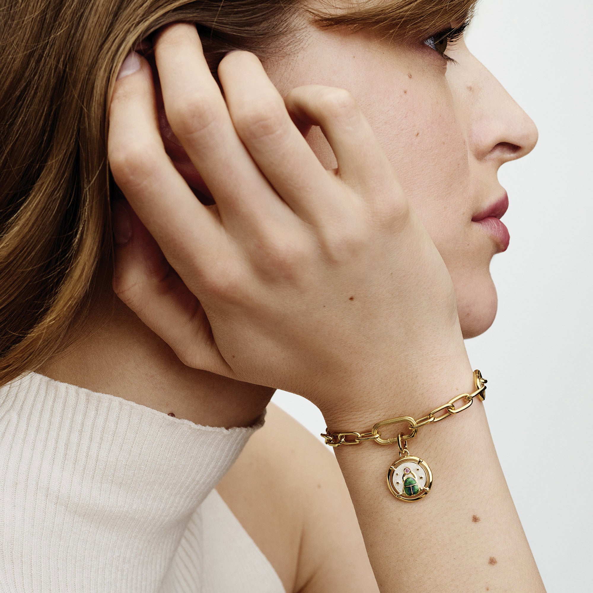 Scarab 14K Gold-Plated Medallion With Pink Cubic Zirconia, Shimmering White, Shaded Blue And Green Enamel