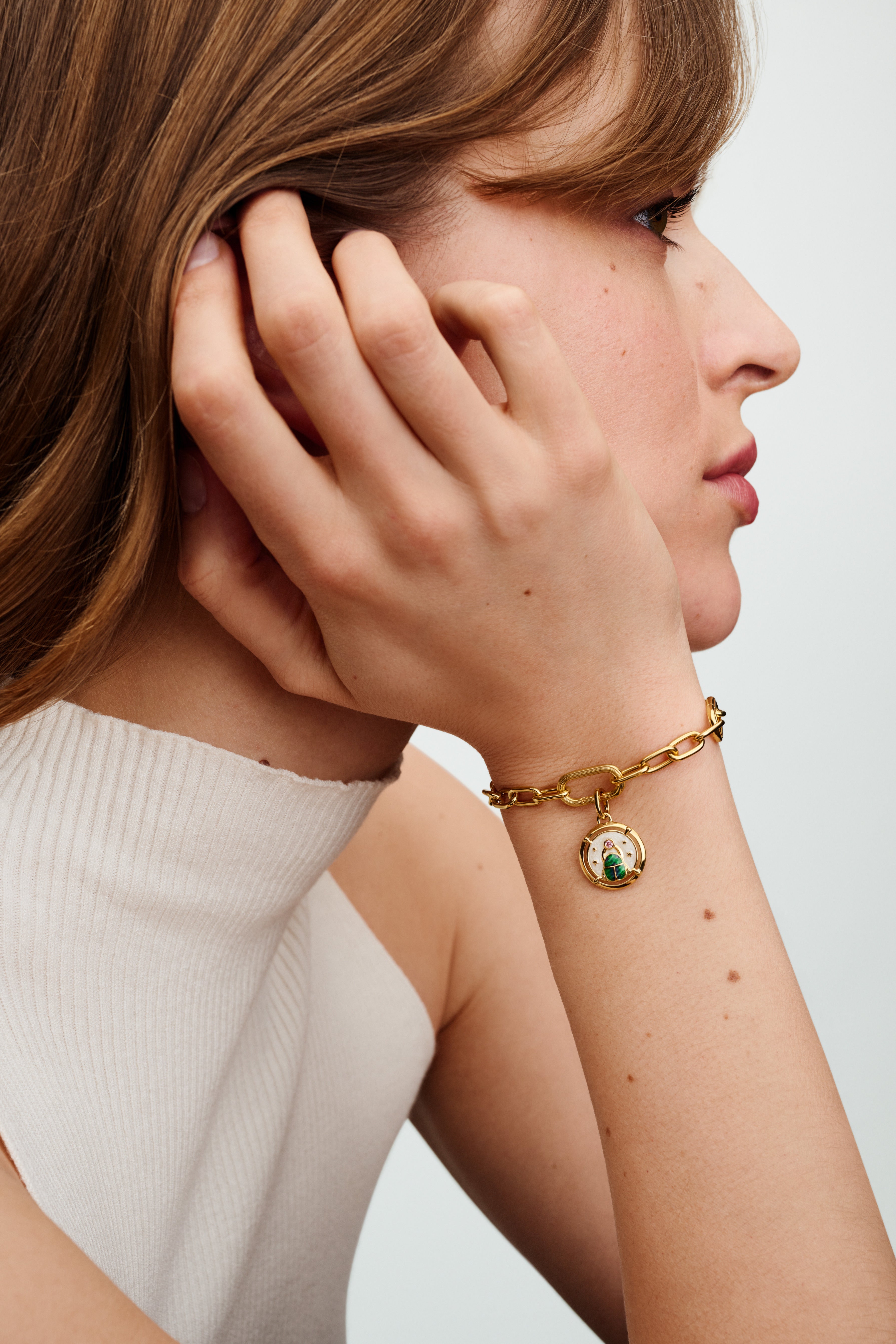 Scarab 14K Gold-Plated Medallion With Pink Cubic Zirconia, Shimmering White, Shaded Blue And Green Enamel