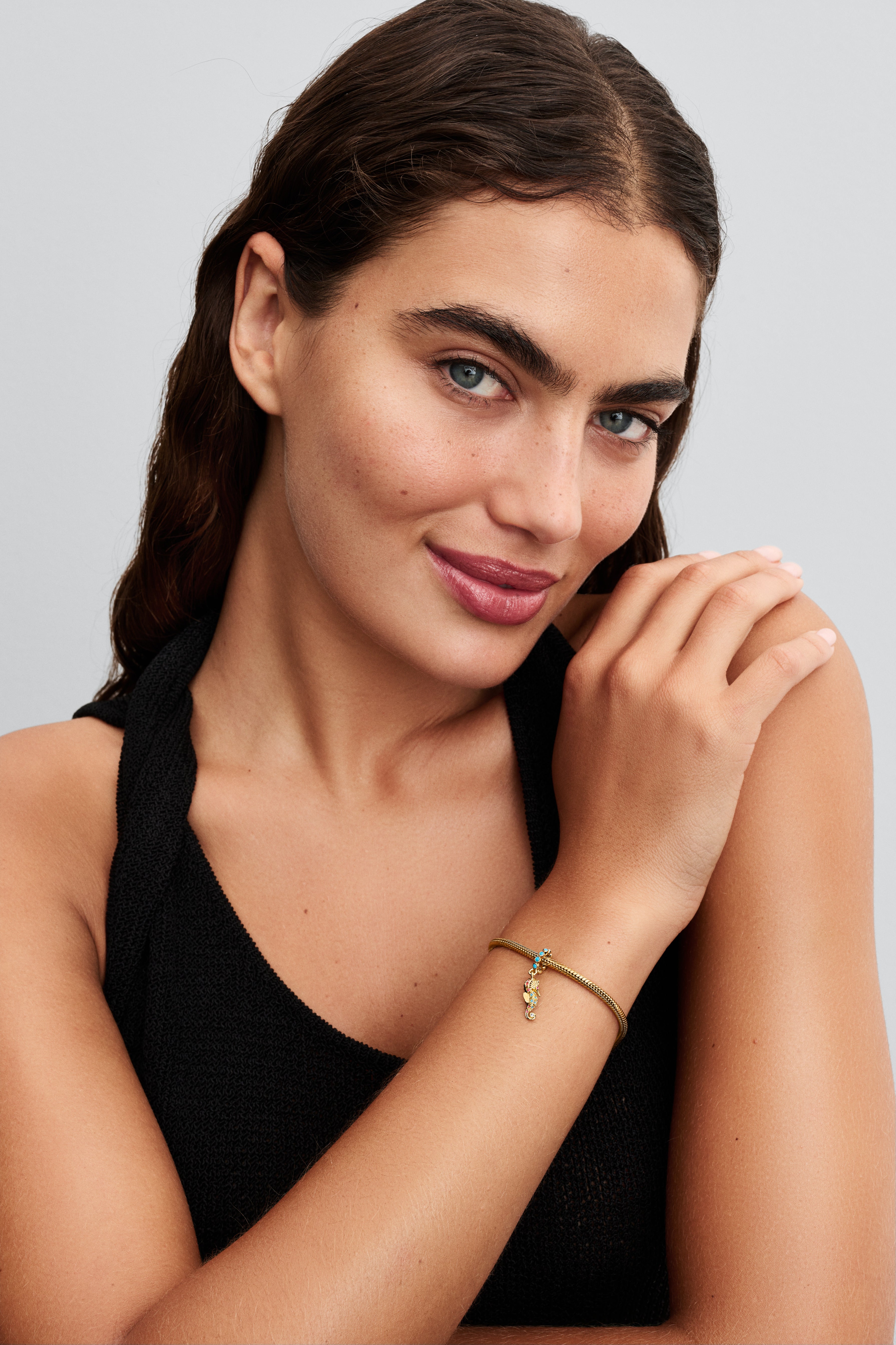 Seahorse 14K Gold-Plated Dangle With Clear Cubic Zirconia, Capri Blue Crystal And Phlox Pink Crystal