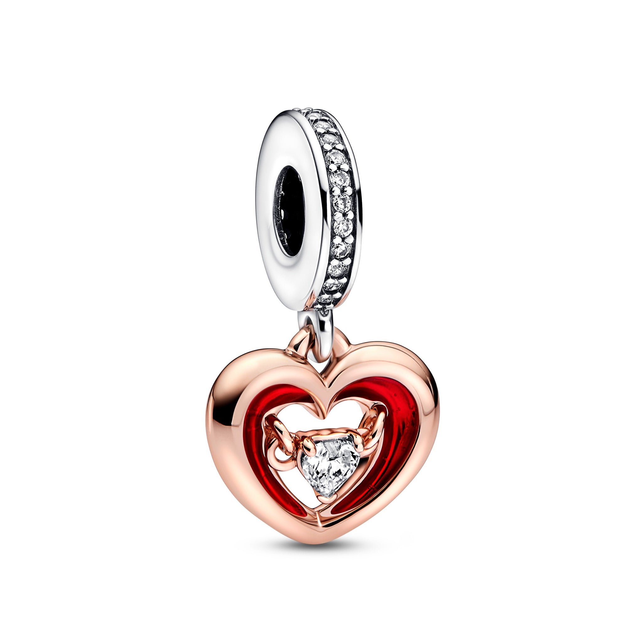 Open Heart Sterling Silver And 14K Rose Gold-Plated Dangle With Clear Cubic Zirconia And Red Enamel