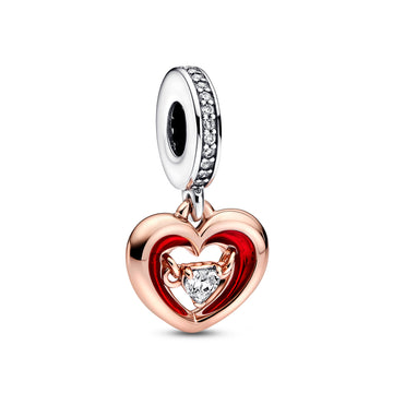 Open Heart Sterling Silver And 14K Rose Gold-Plated Dangle With Clear Cubic Zirconia And Red Enamel