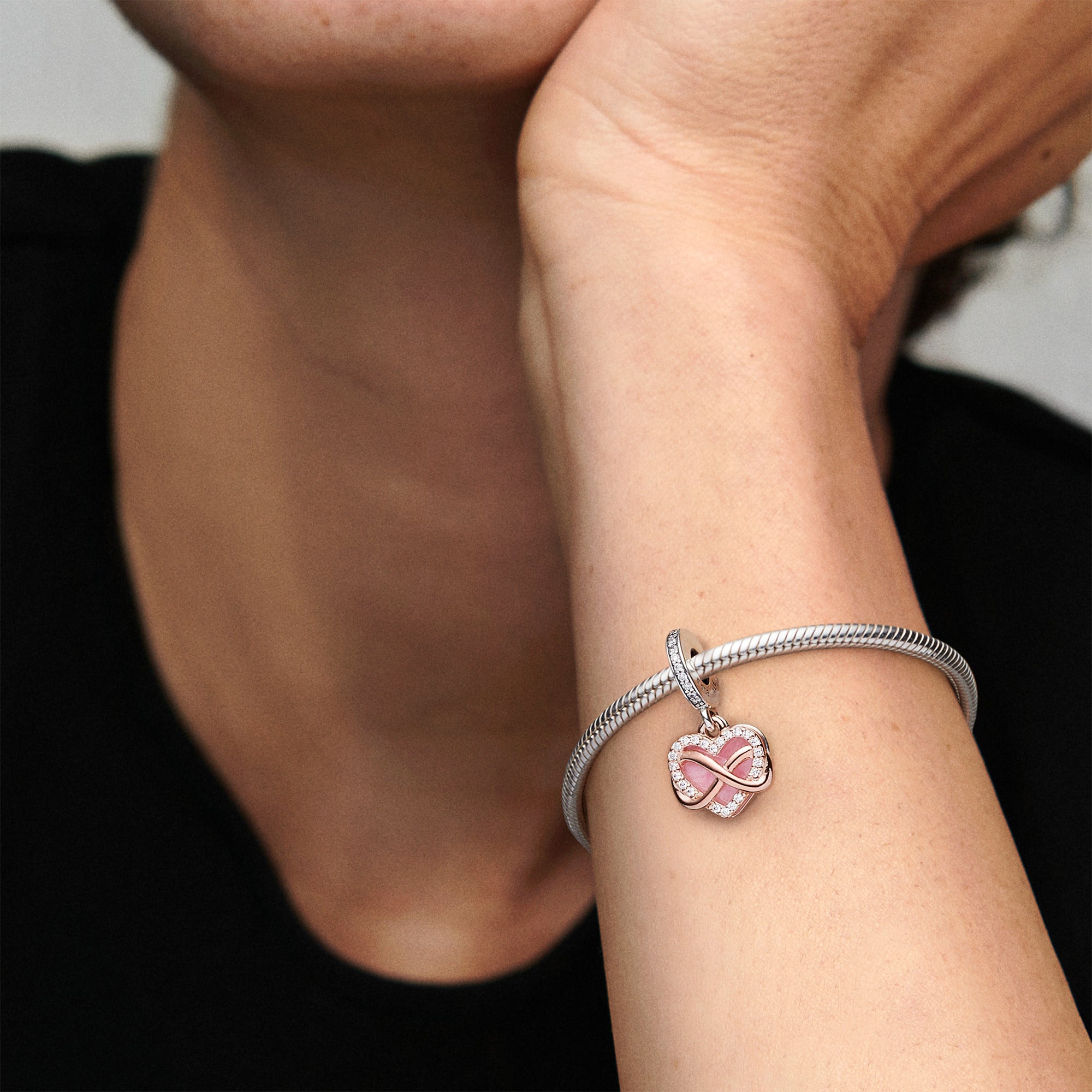 Infinity Heart 14K Rose Gold-Plated And Sterling Silver Dangle With Clear Cubic Zirconia And Pink Enamel