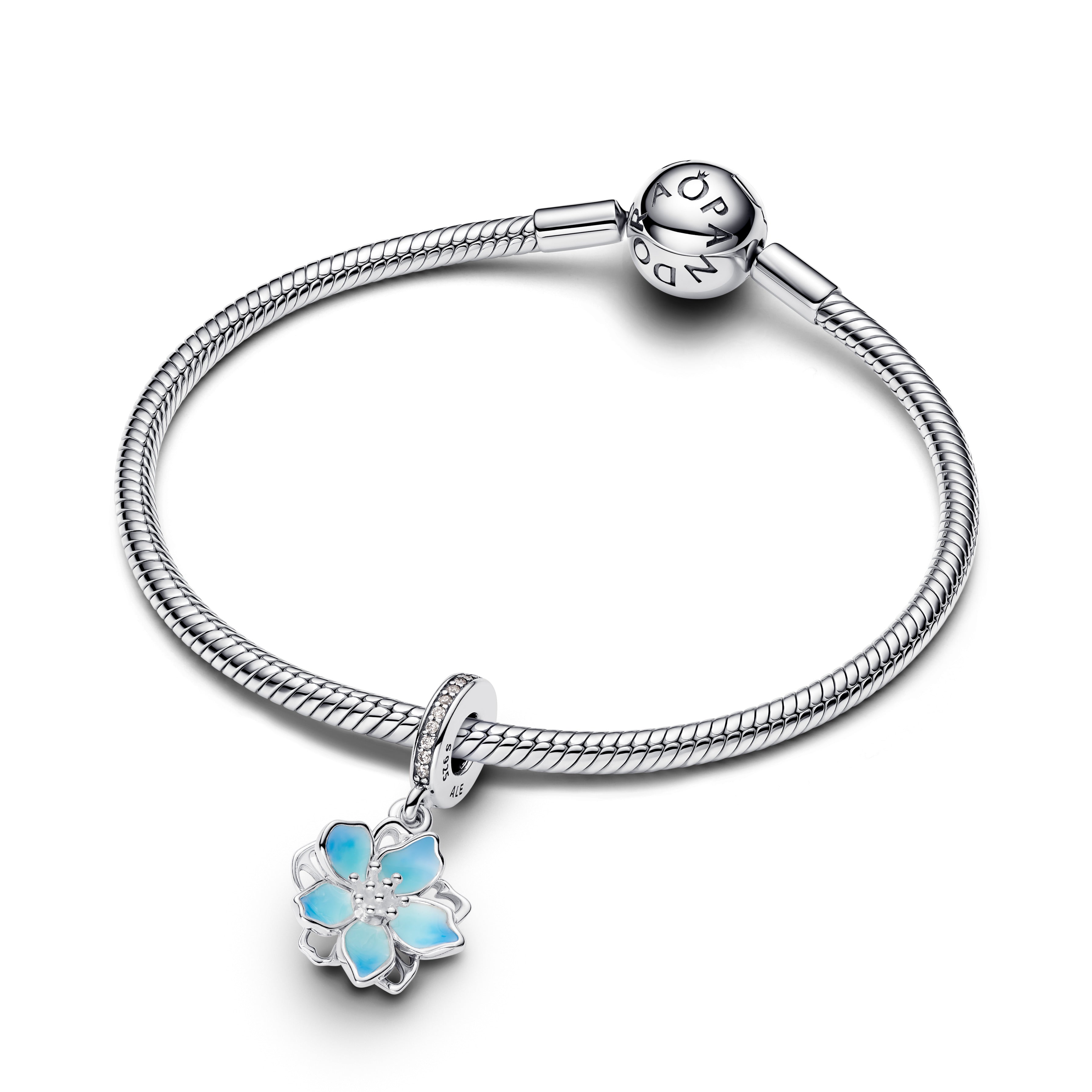 Movable Cherry Blossom Sterling Silver Dangle With Clear Cubic Zirconia And Shaded Blue Enamel