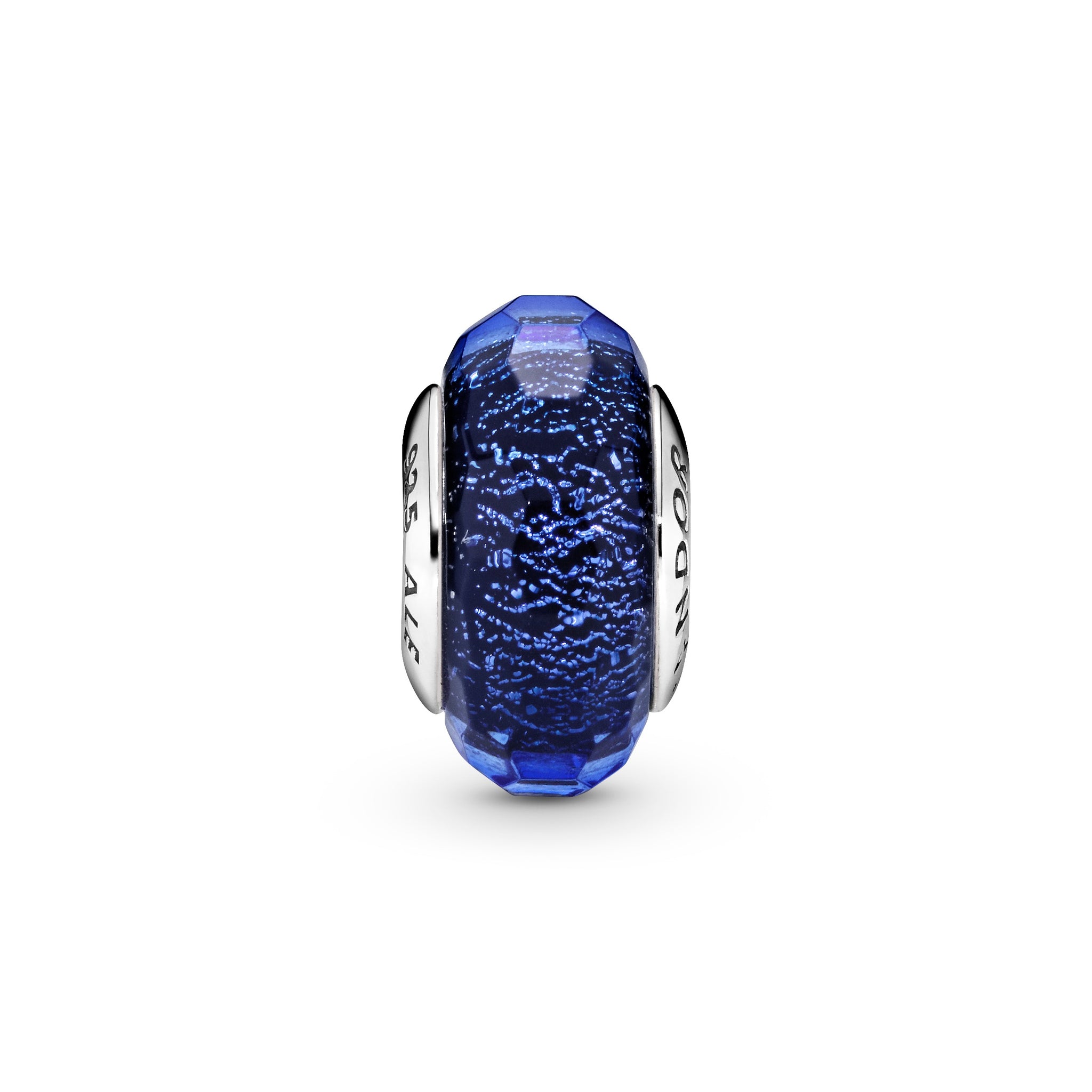 Abstract Silver Charm With Faceted Iridescent Blue Murano Glass