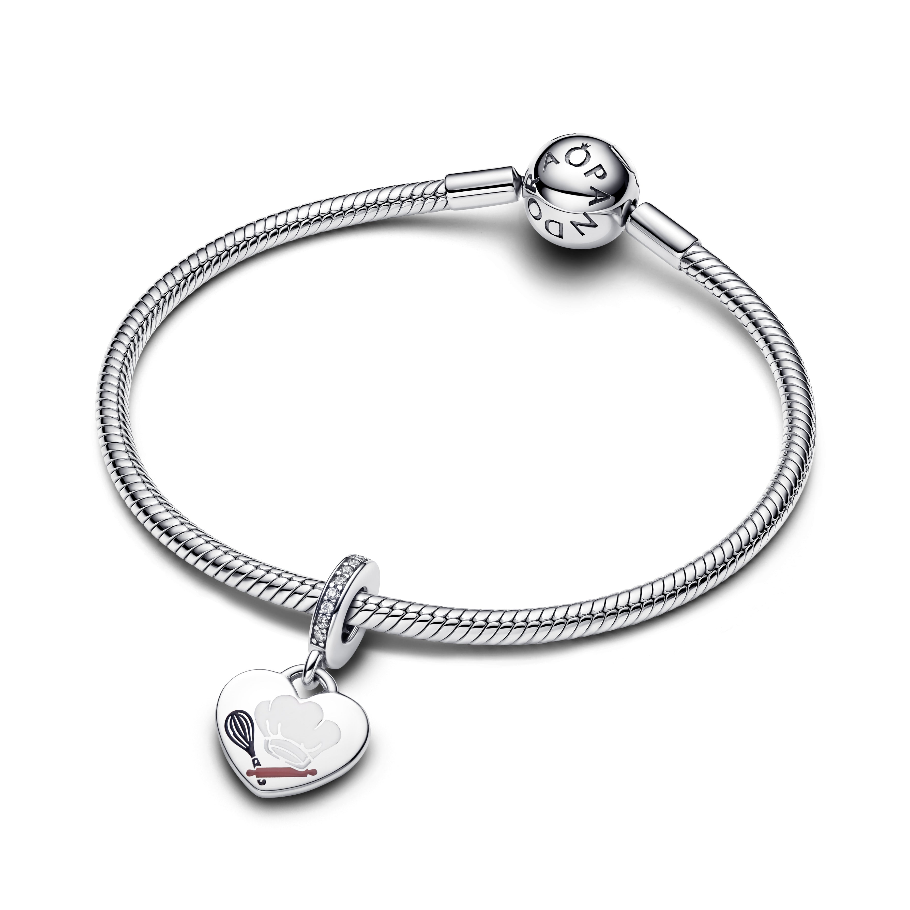 Baking Tools Heart Sterling Silver Dangle With Clear Cubic Zirconia, White, Black And Brown Enamel