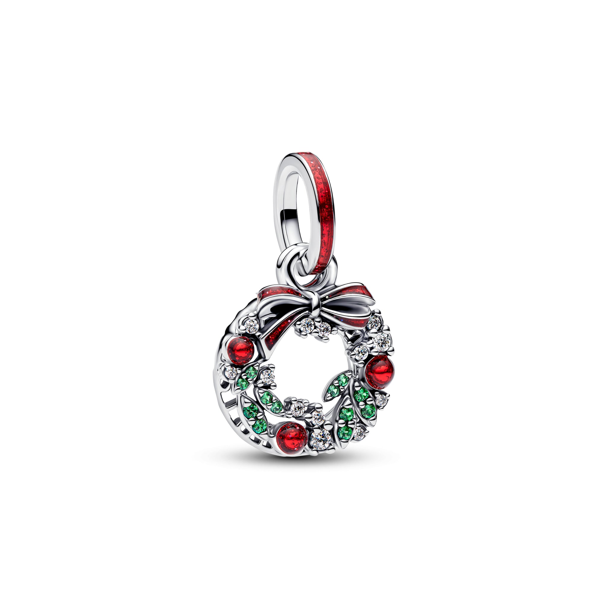Christmas Wreath Sterling Silver Double Dangle With Clear Cubic Zirconia, Royal Green Crystal And Red Glitter Enamel