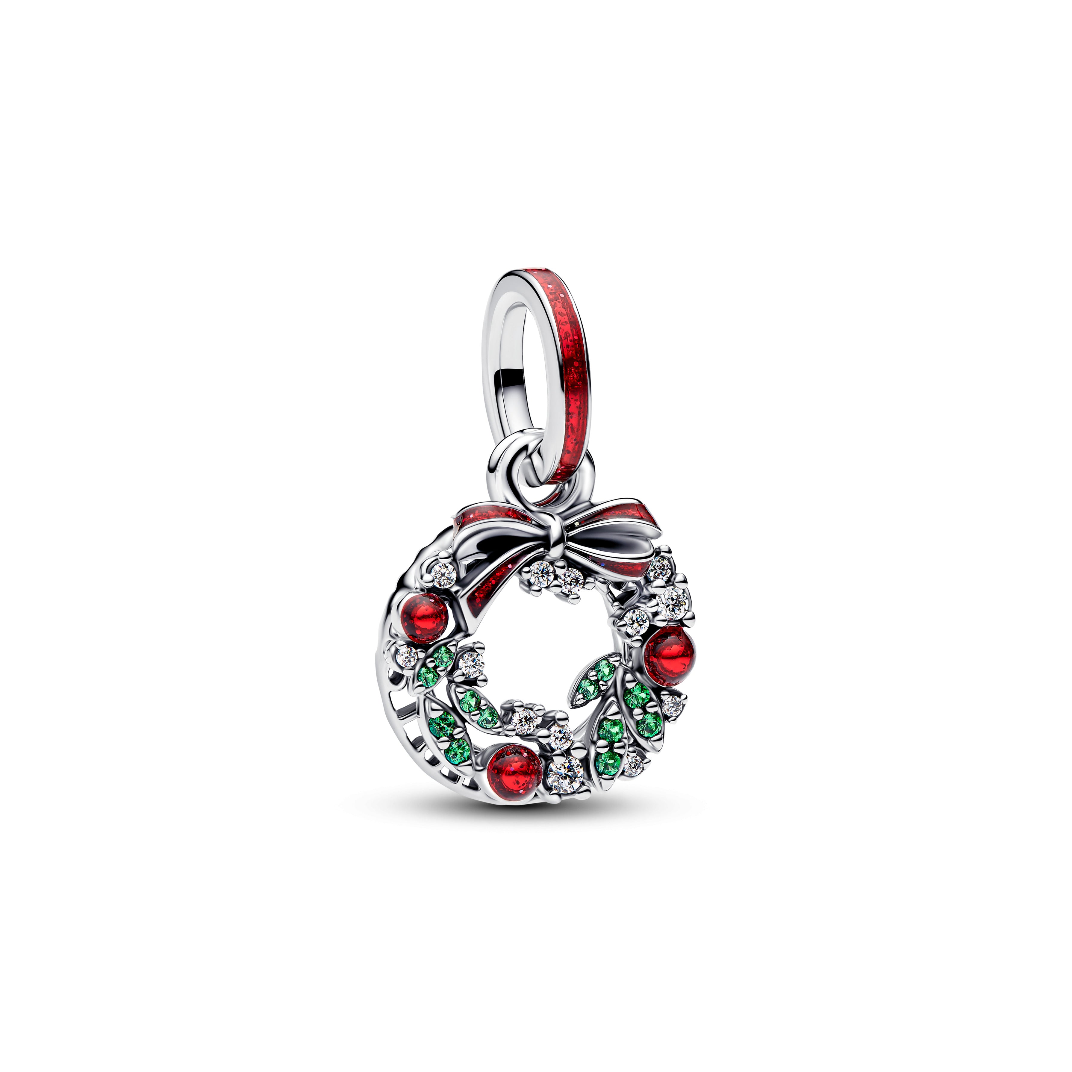 Christmas Wreath Sterling Silver Double Dangle With Clear Cubic Zirconia, Royal Green Crystal And Red Glitter Enamel