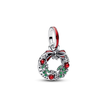 Christmas Wreath Sterling Silver Double Dangle With Clear Cubic Zirconia, Royal Green Crystal And Red Glitter Enamel