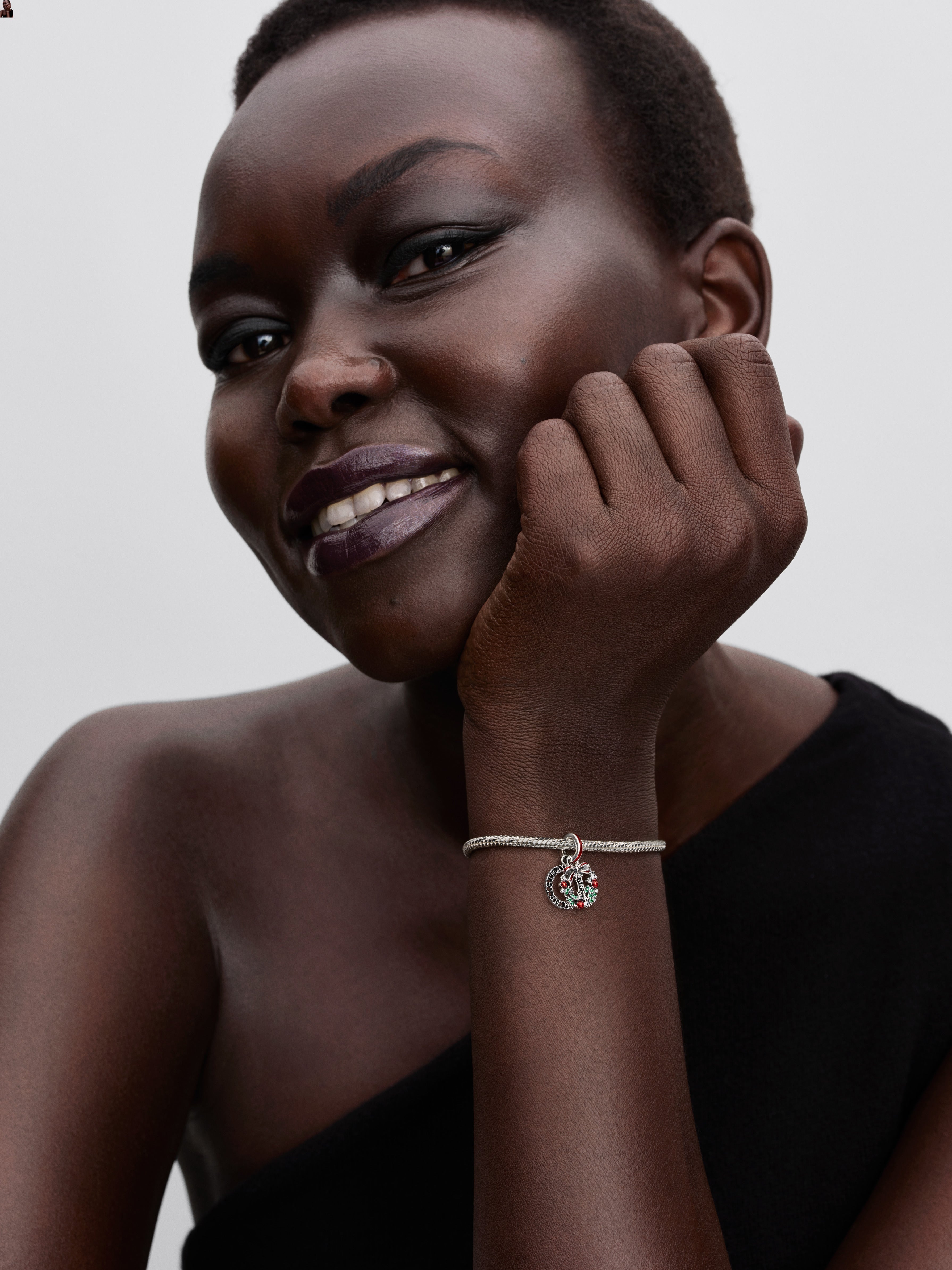 Christmas Wreath Sterling Silver Double Dangle With Clear Cubic Zirconia, Royal Green Crystal And Red Glitter Enamel