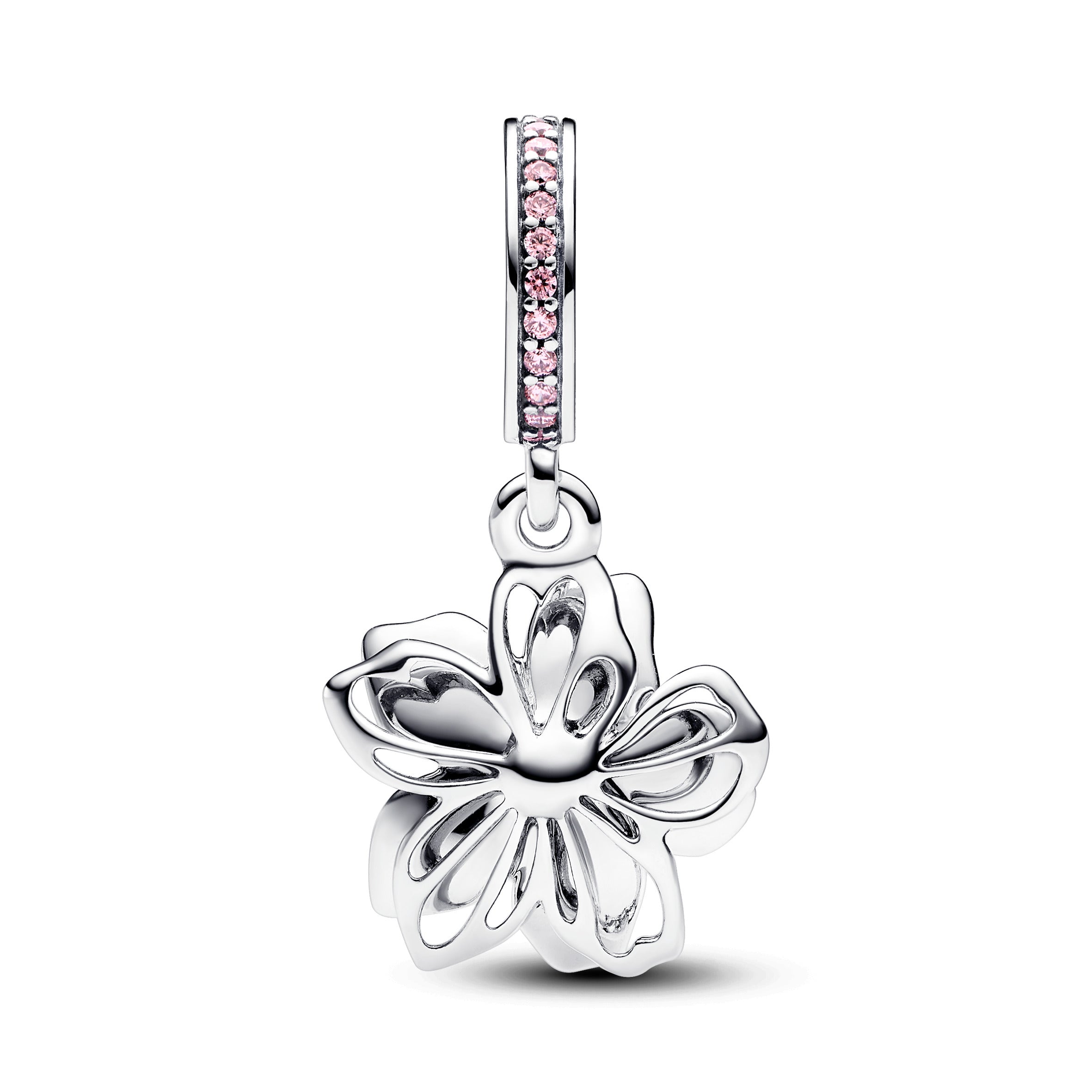 Movable Cherry Blossom Sterling Silver Dangle With Fancy Pink Cubic Zirconia And Shaded Pink Enamel