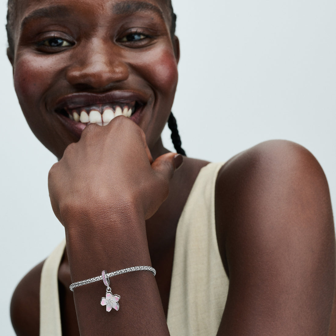 Movable Cherry Blossom Sterling Silver Dangle With Fancy Pink Cubic Zirconia And Shaded Pink Enamel