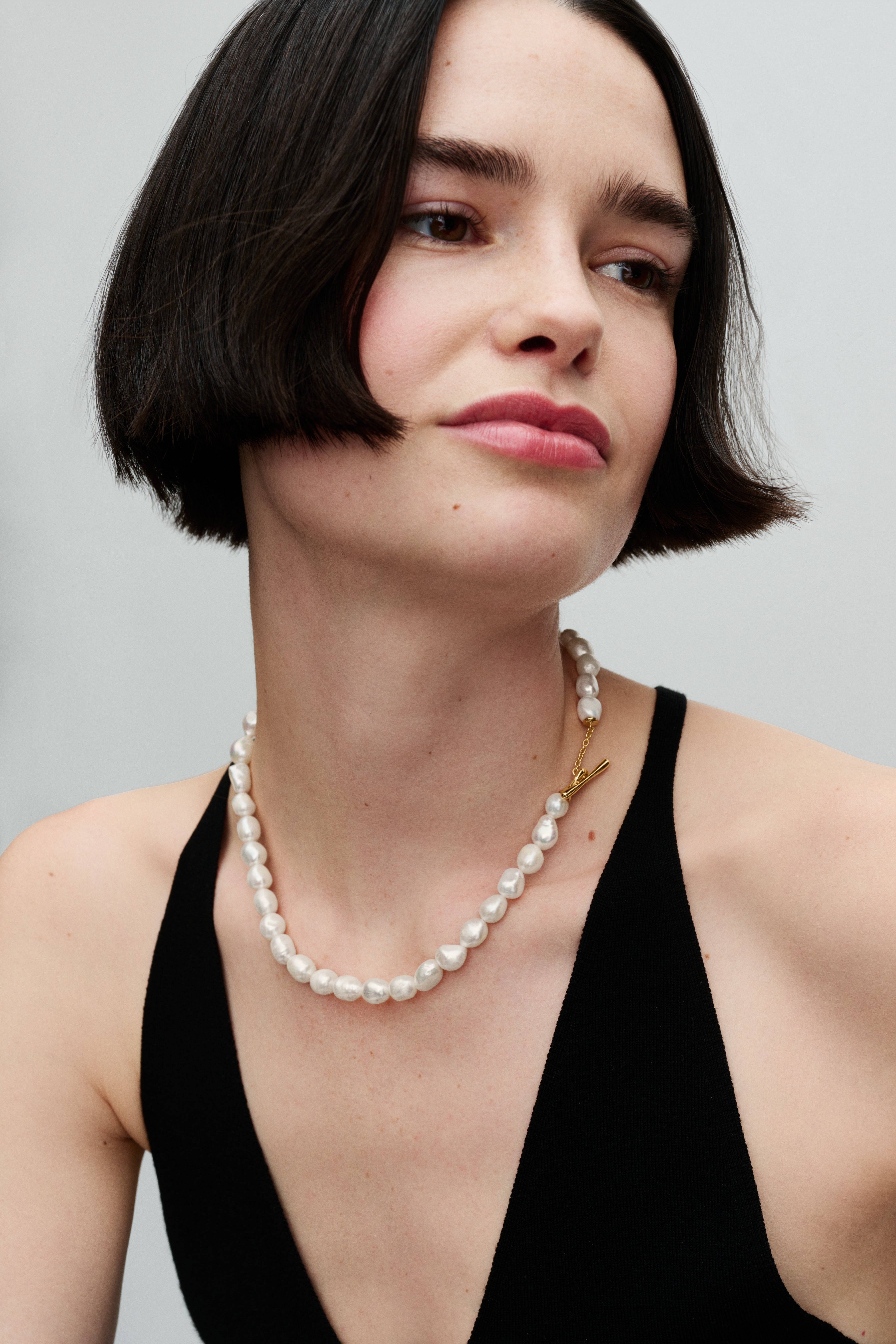 14K Gold-Plated T-Bar Collier With Baroque White Treated Freshwater Cultured Pearl