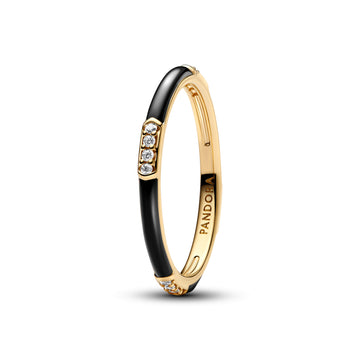 14K Gold-Plated Ring With Clear Cubic Zirconia And Black Enamel
