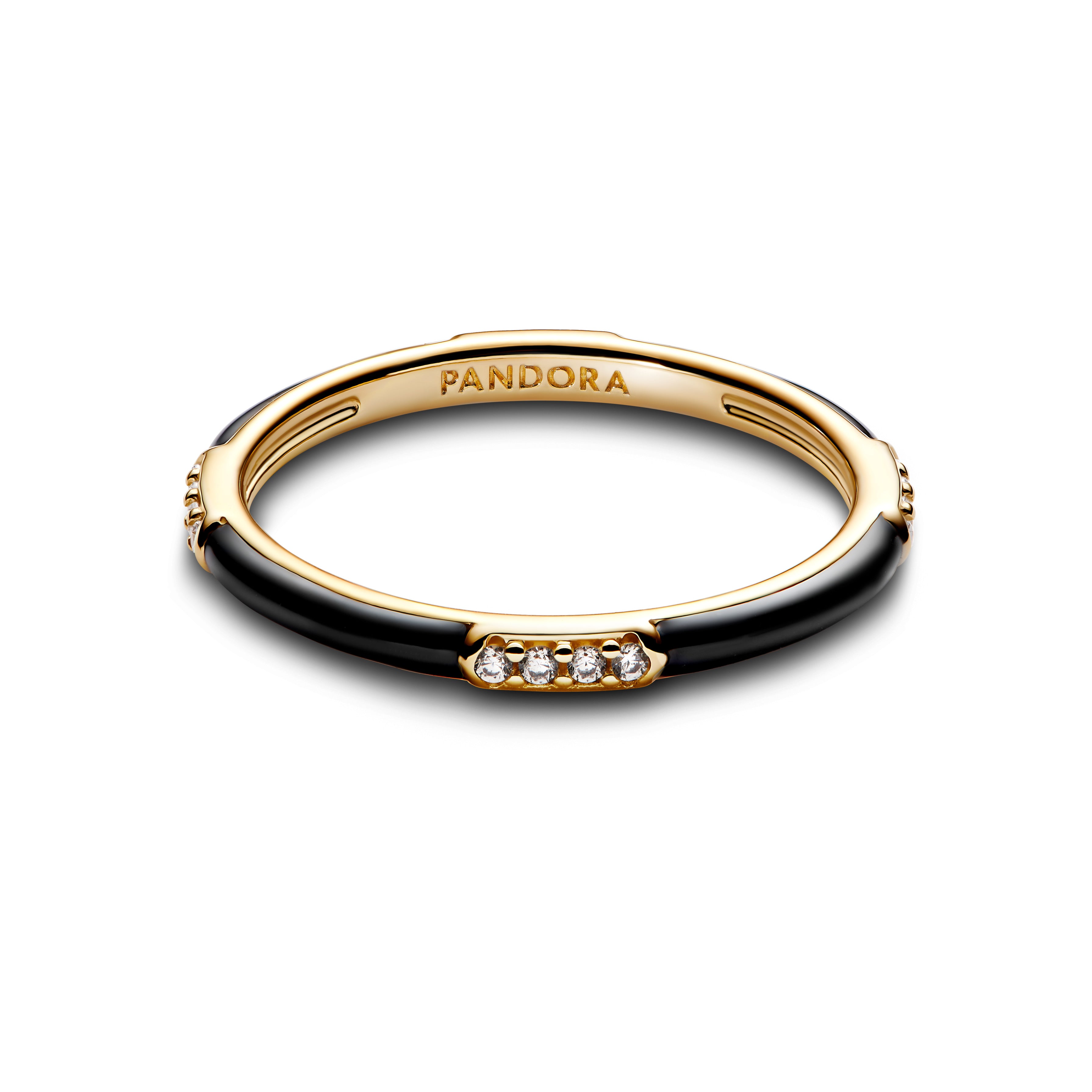 14K Gold-Plated Ring With Clear Cubic Zirconia And Black Enamel