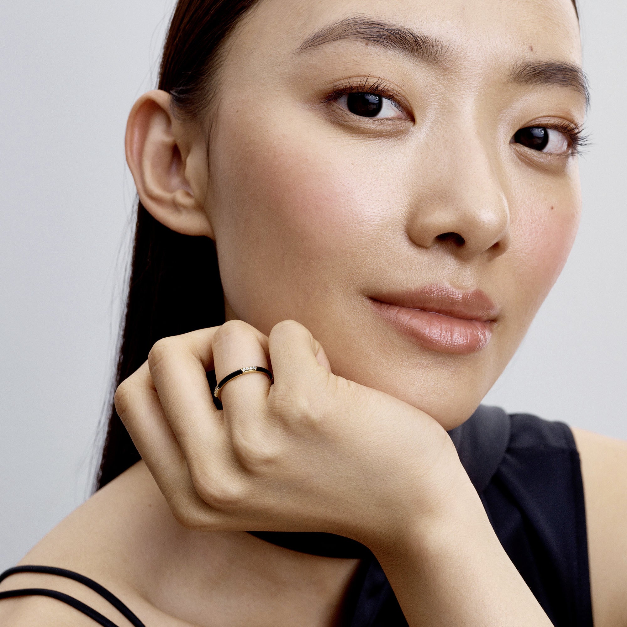 14K Gold-Plated Ring With Clear Cubic Zirconia And Black Enamel