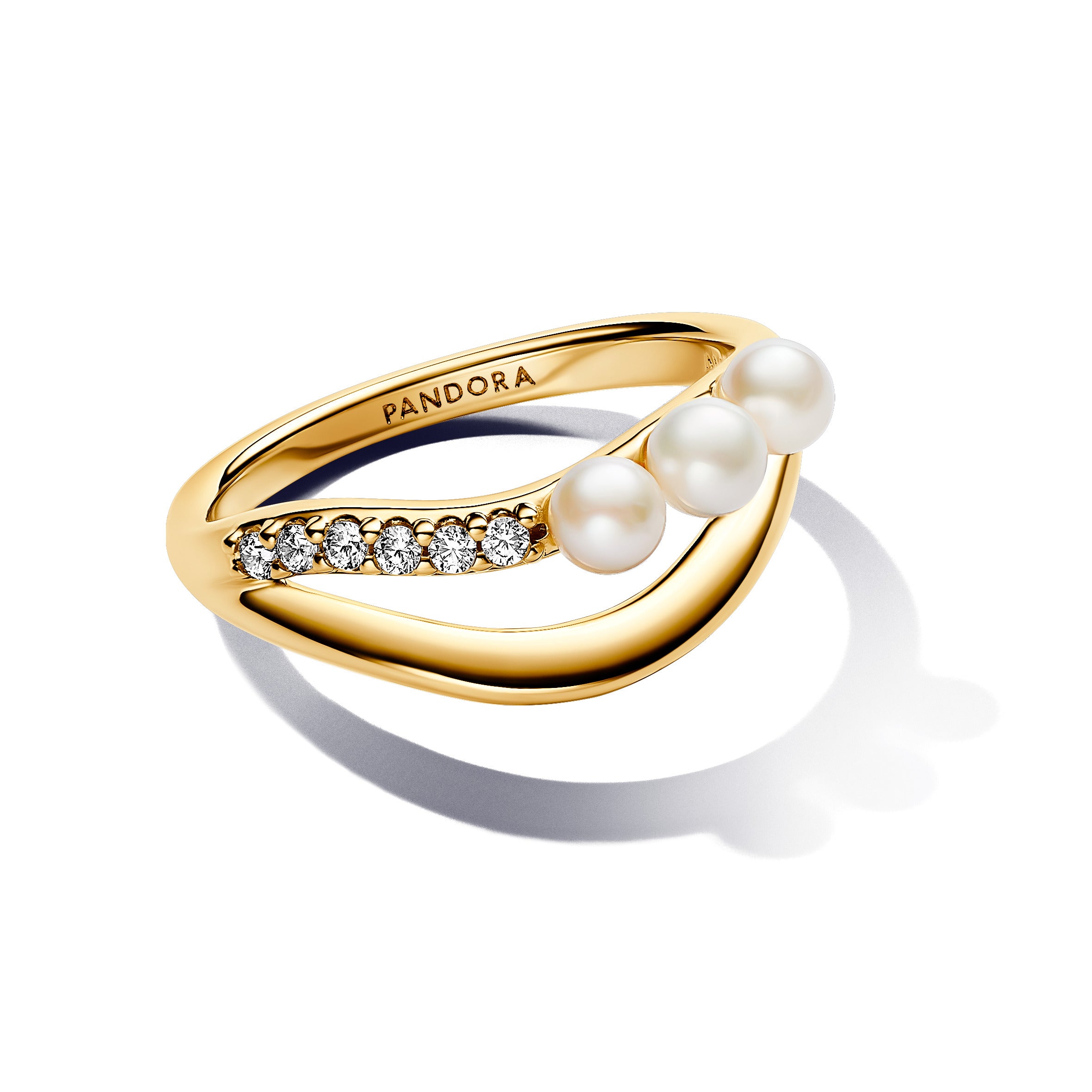 14K Gold-Plated Ring With White Treated Freshwater Cultured Pearl And Clear Cubic Zirconia