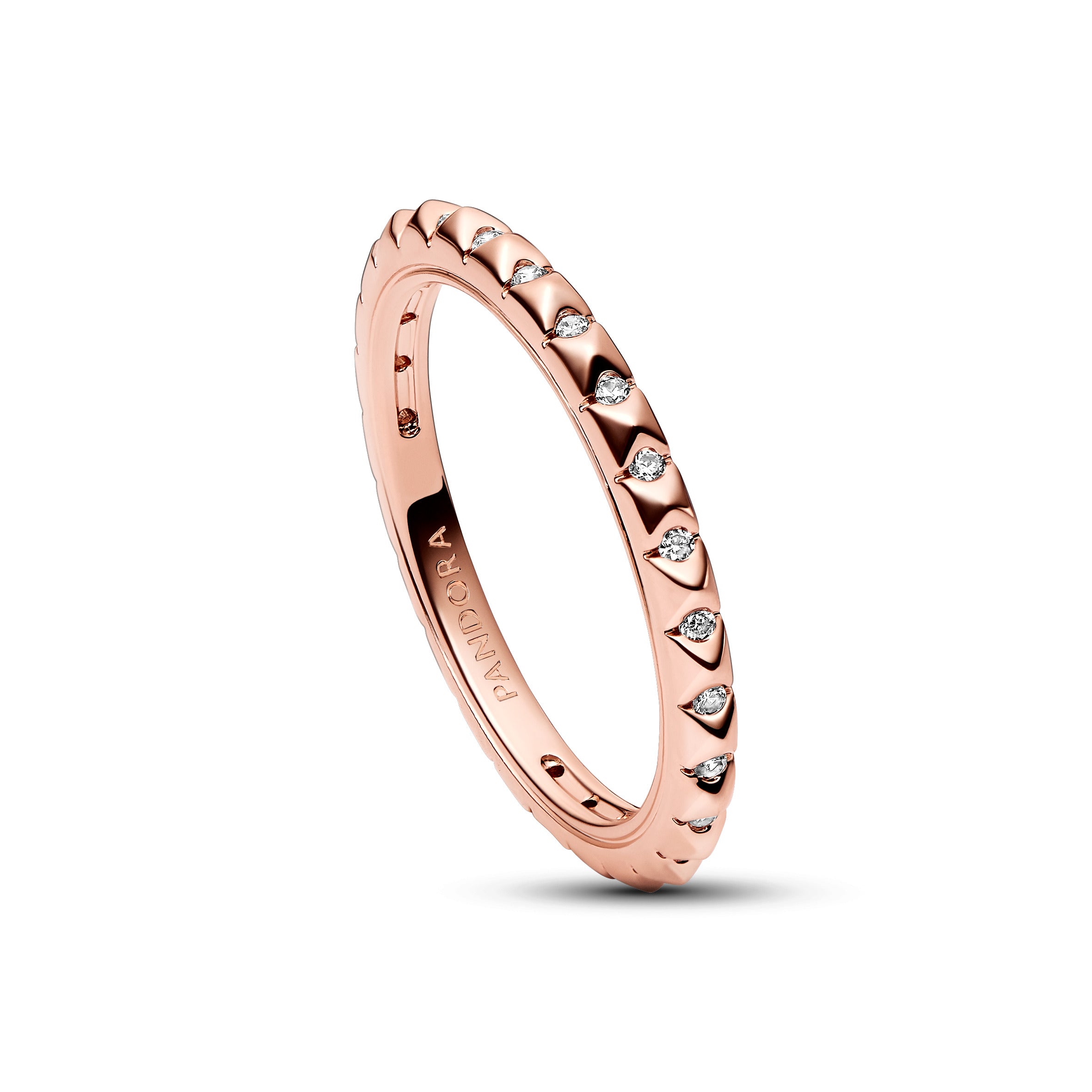 14K Rose Gold-Plated Pyramid Studded Ring With Clear Cubic Zirconia