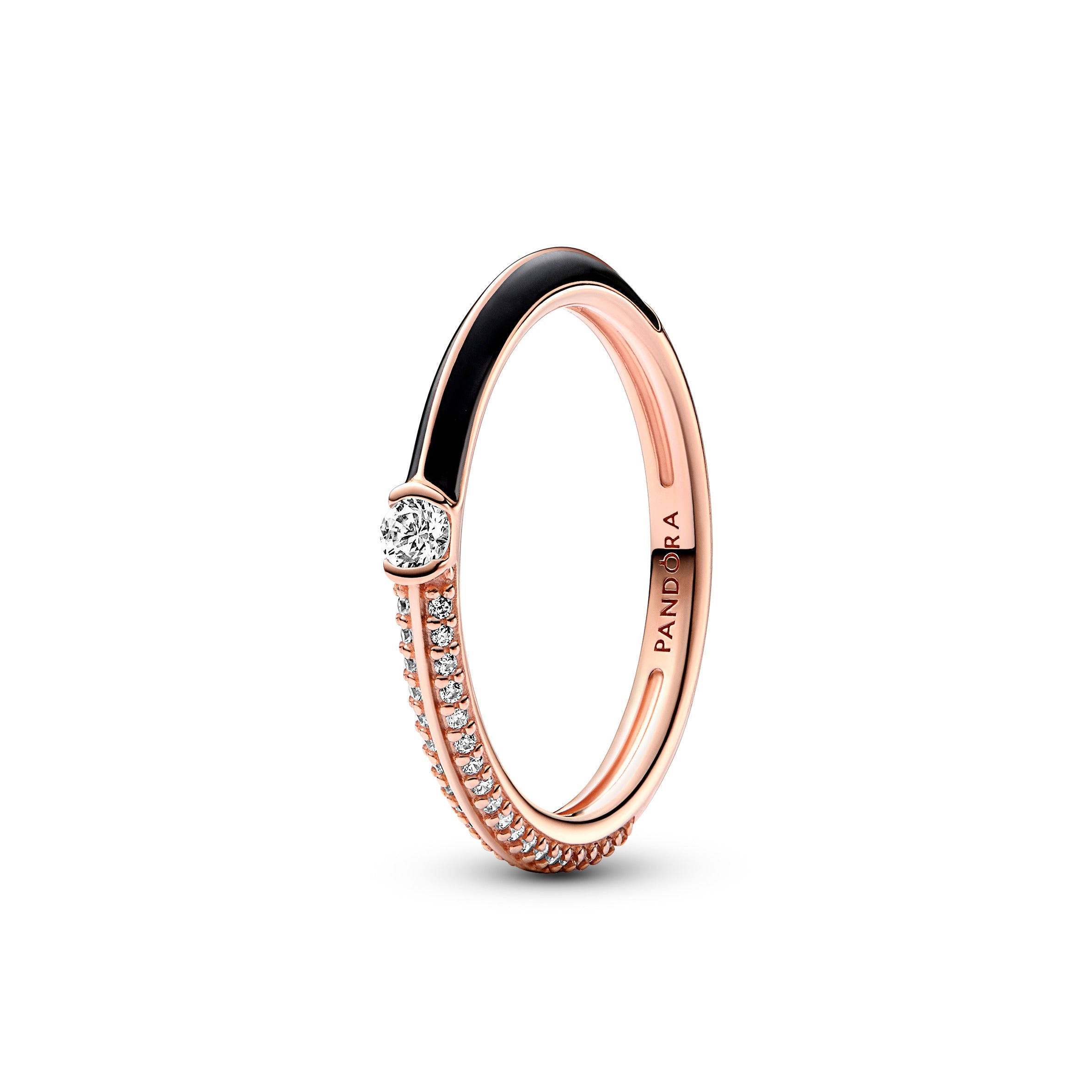 14K Rose Gold-Plated Ring With Clear Cubic Zirconia And Black Enamel