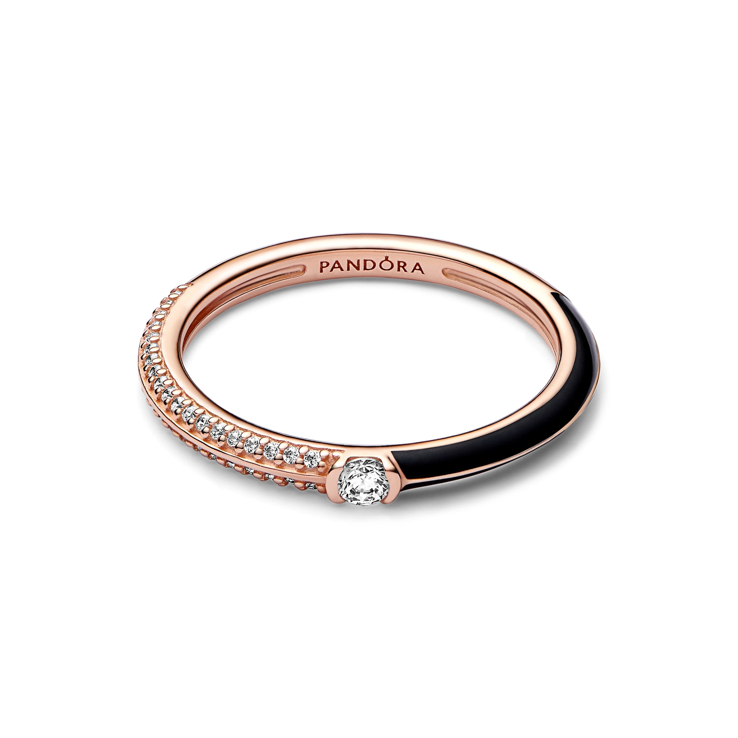 14K Rose Gold-Plated Ring With Clear Cubic Zirconia And Black Enamel