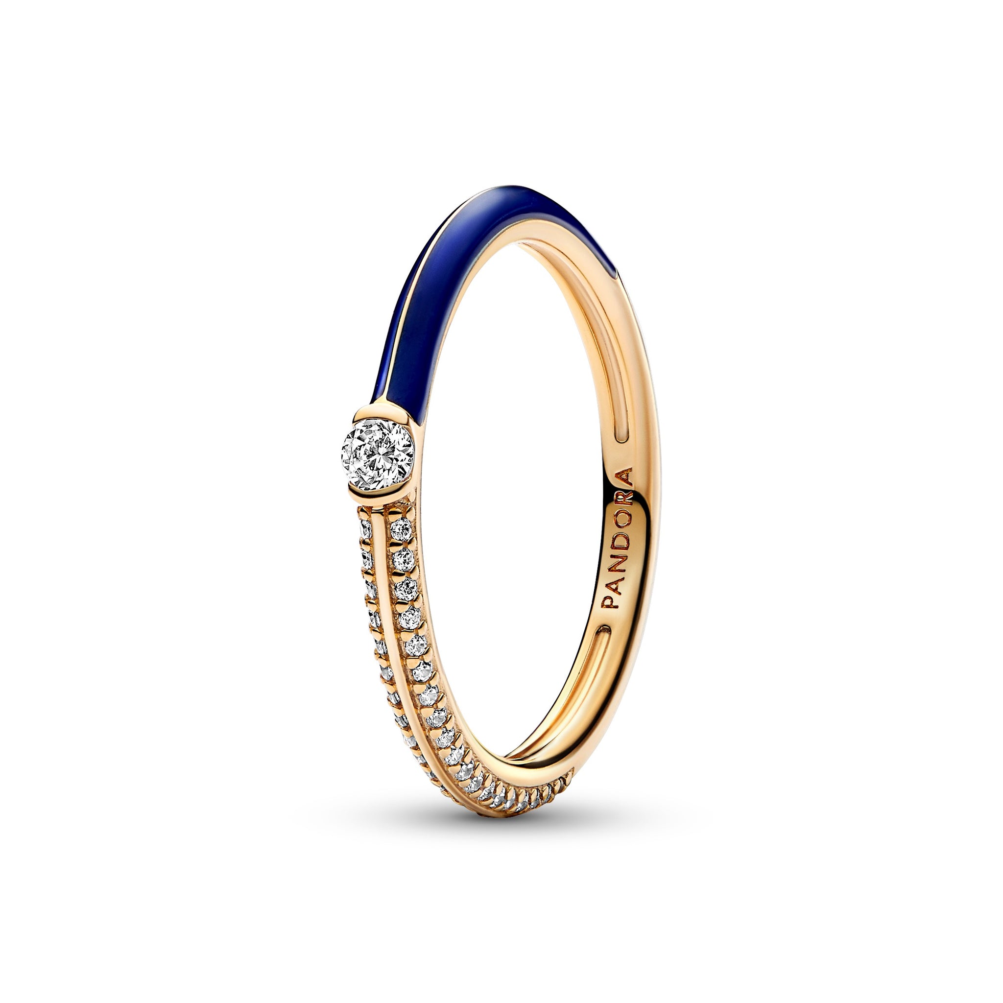 14K Gold-Plated Ring With Blue Enamel And Clear Cubic Zirconia