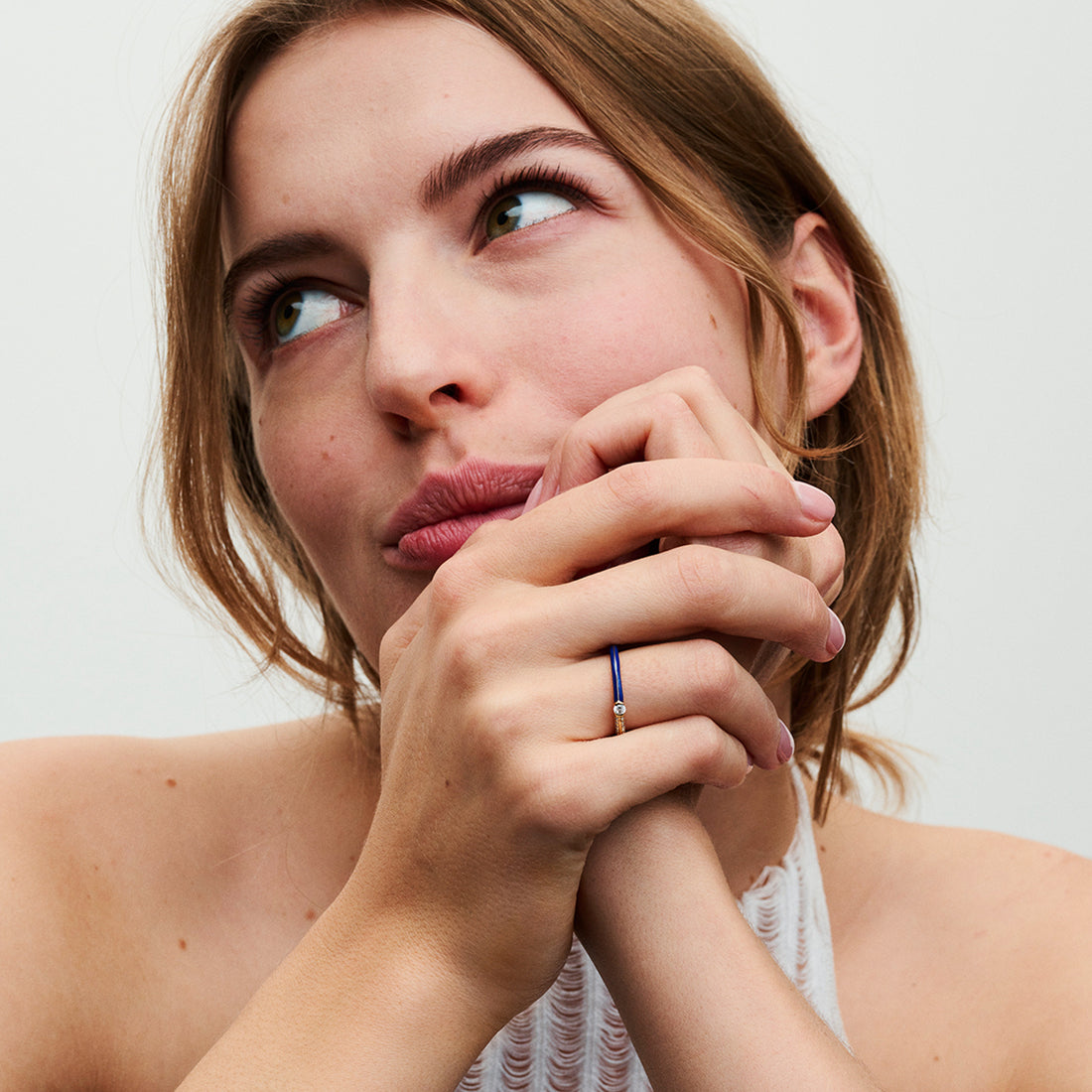 14K Gold-Plated Ring With Blue Enamel And Clear Cubic Zirconia