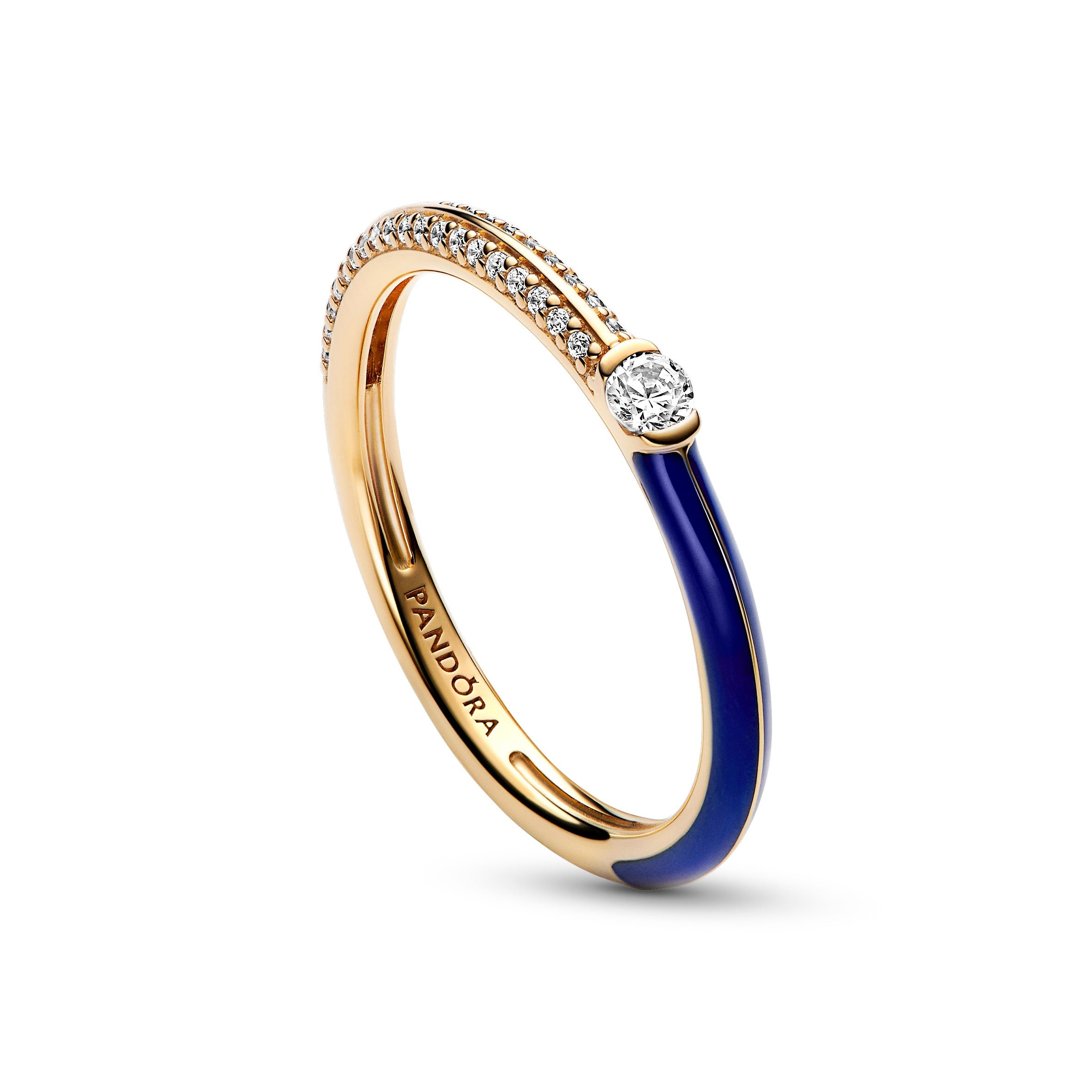 14K Gold-Plated Ring With Blue Enamel And Clear Cubic Zirconia