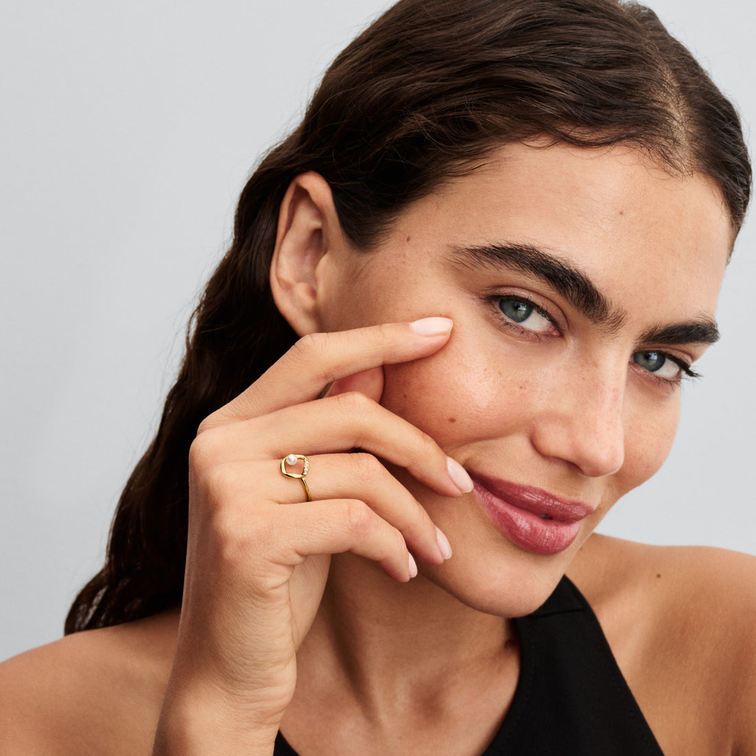 14K Gold-Plated Ring With Treated White Freshwater Cultured Pearl And Clear Cubic Zirconia