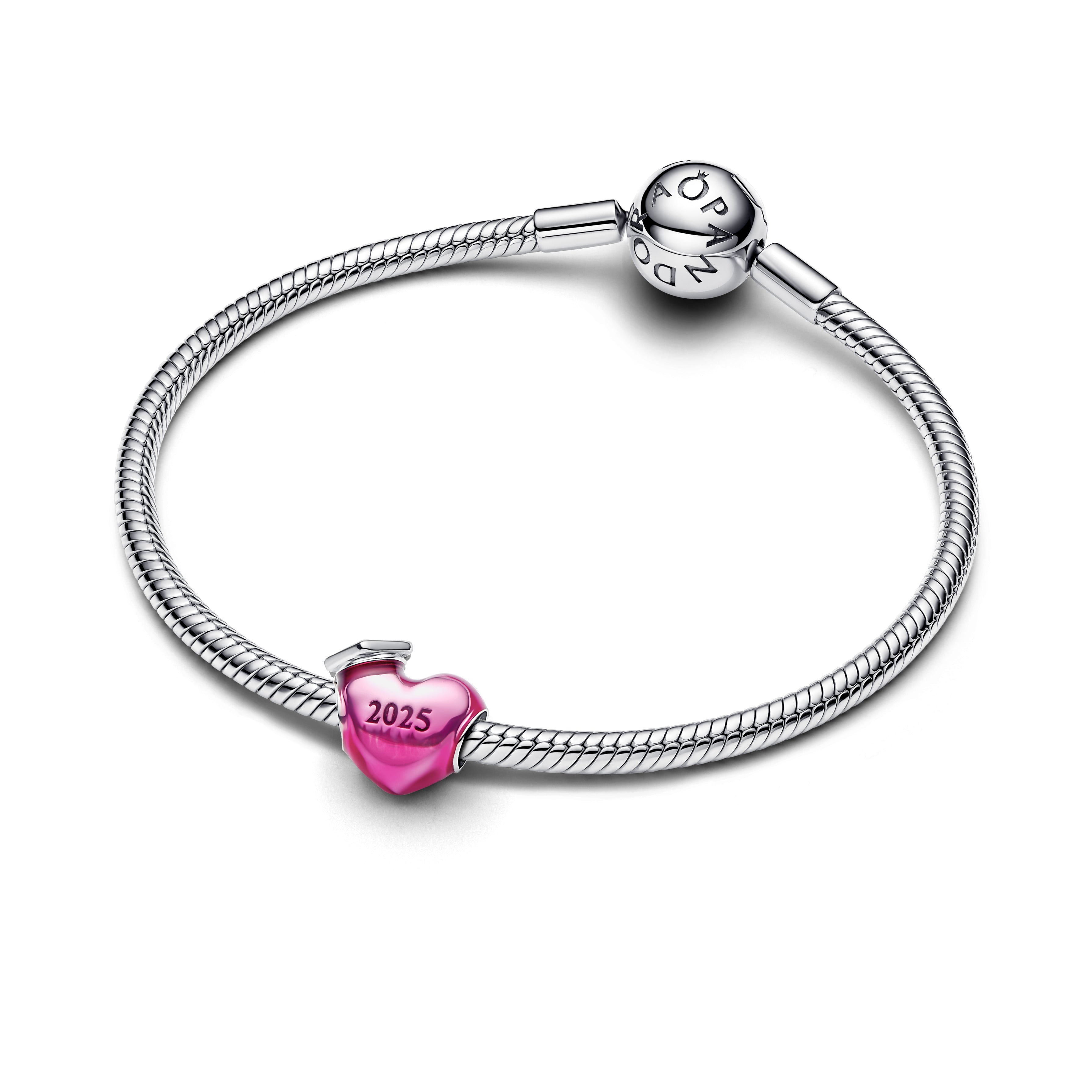 2025 Graduation Heart Sterling Silver Charm With Transparent Pink Enamel