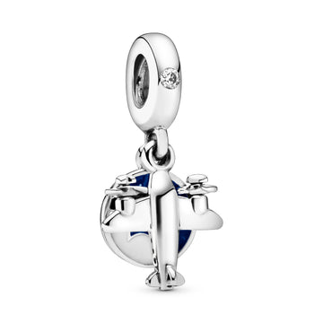Airplane Silver Dangle With Clear Cubic Zirconia, Blue And White Enamel