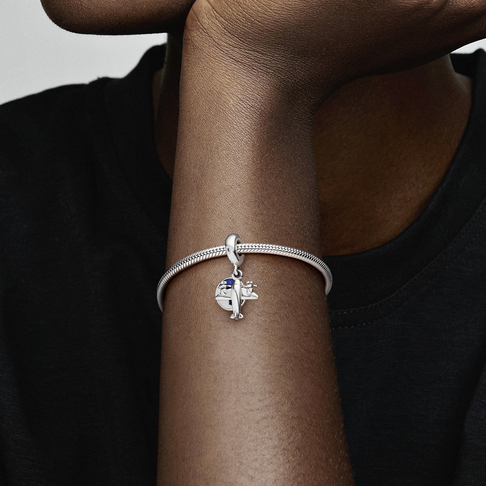 Airplane Silver Dangle With Clear Cubic Zirconia, Blue And White Enamel