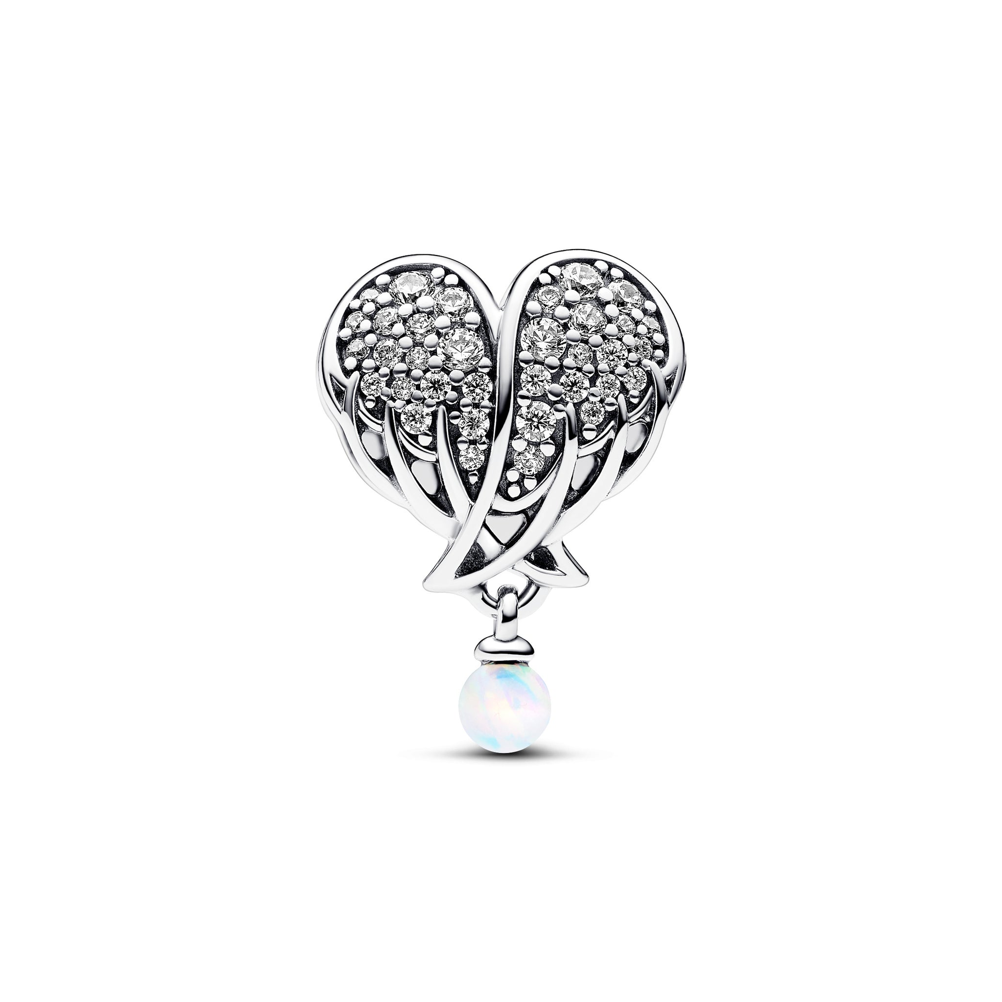 Angel Wing Heart Sterling Silver Charm With Clear Cubic Zirconia And White Lab-Created Opal