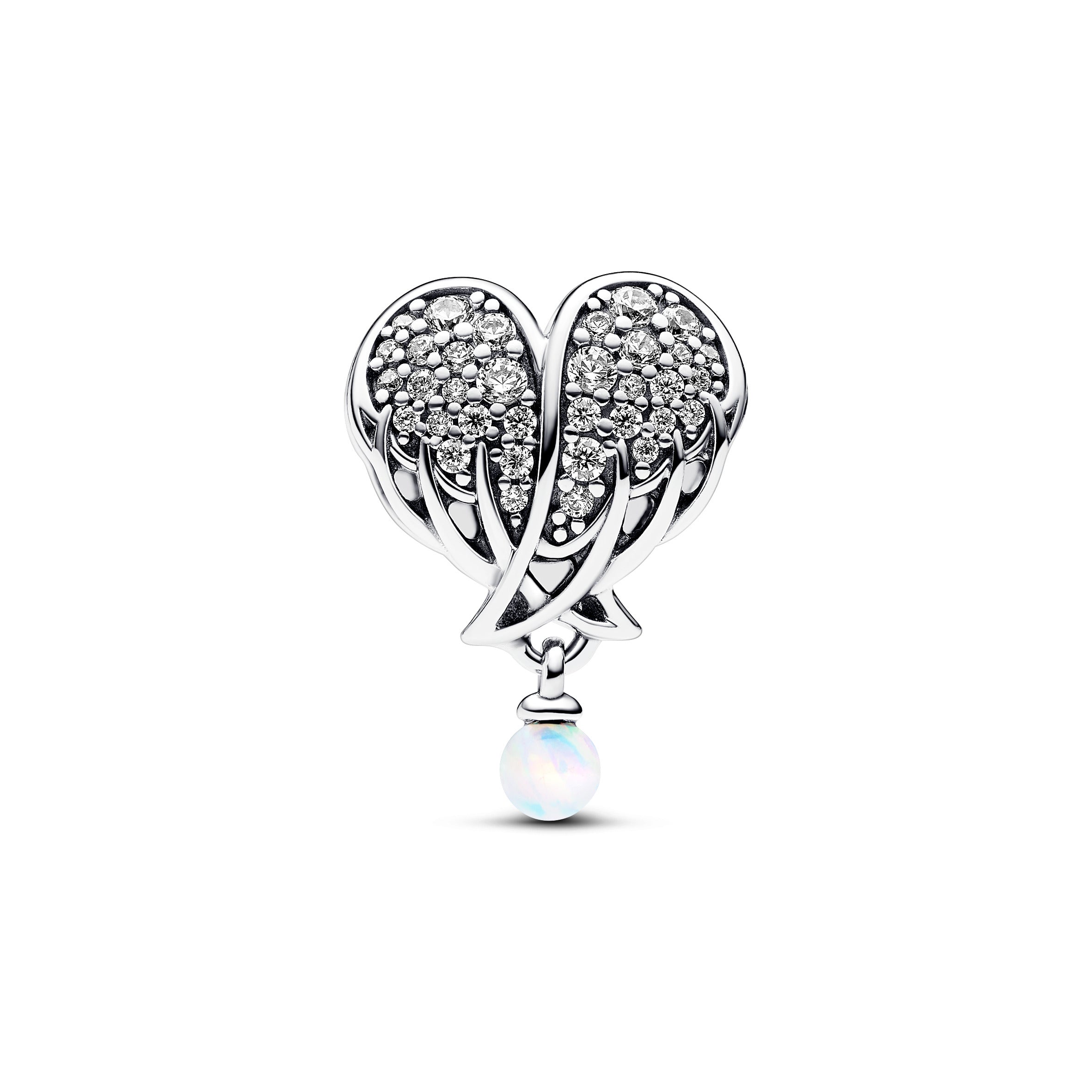 Angel Wing Heart Sterling Silver Charm With Clear Cubic Zirconia And White Lab-Created Opal