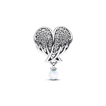 Angel Wing Heart Sterling Silver Charm With Clear Cubic Zirconia And White Lab-Created Opal