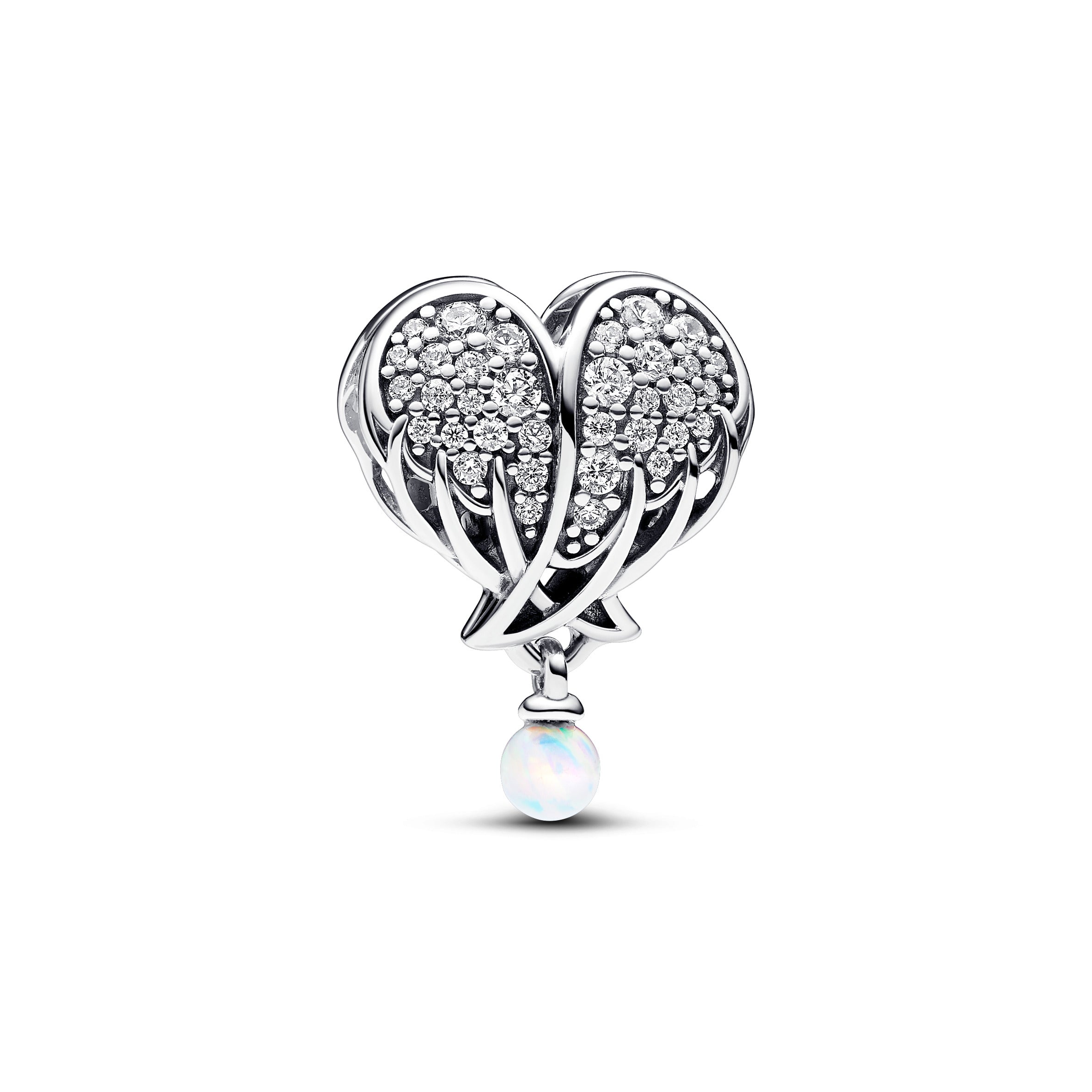 Angel Wing Heart Sterling Silver Charm With Clear Cubic Zirconia And White Lab-Created Opal