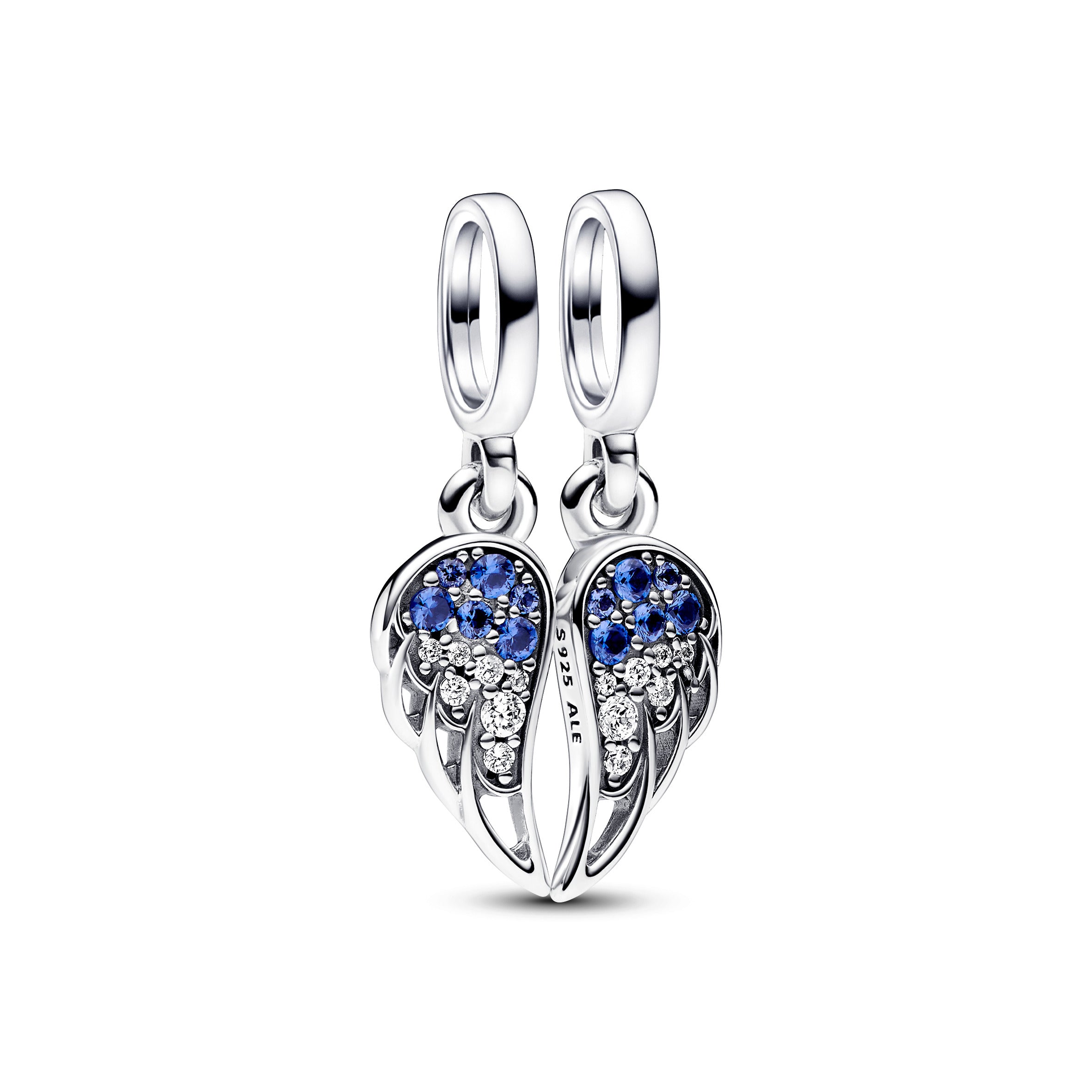 Angel Wings Sterling Silver Splittable Dangle With Stellar Blue, Skylight Blue Crystal And Clear Cubic Zirconia