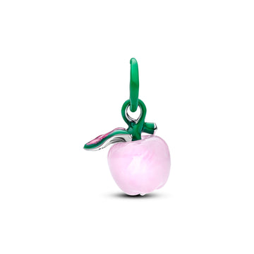 Apple Sterling Silver Dangle With Clear Cubic Zirconia, Pink Murano Glass, Green And Pink Enamel