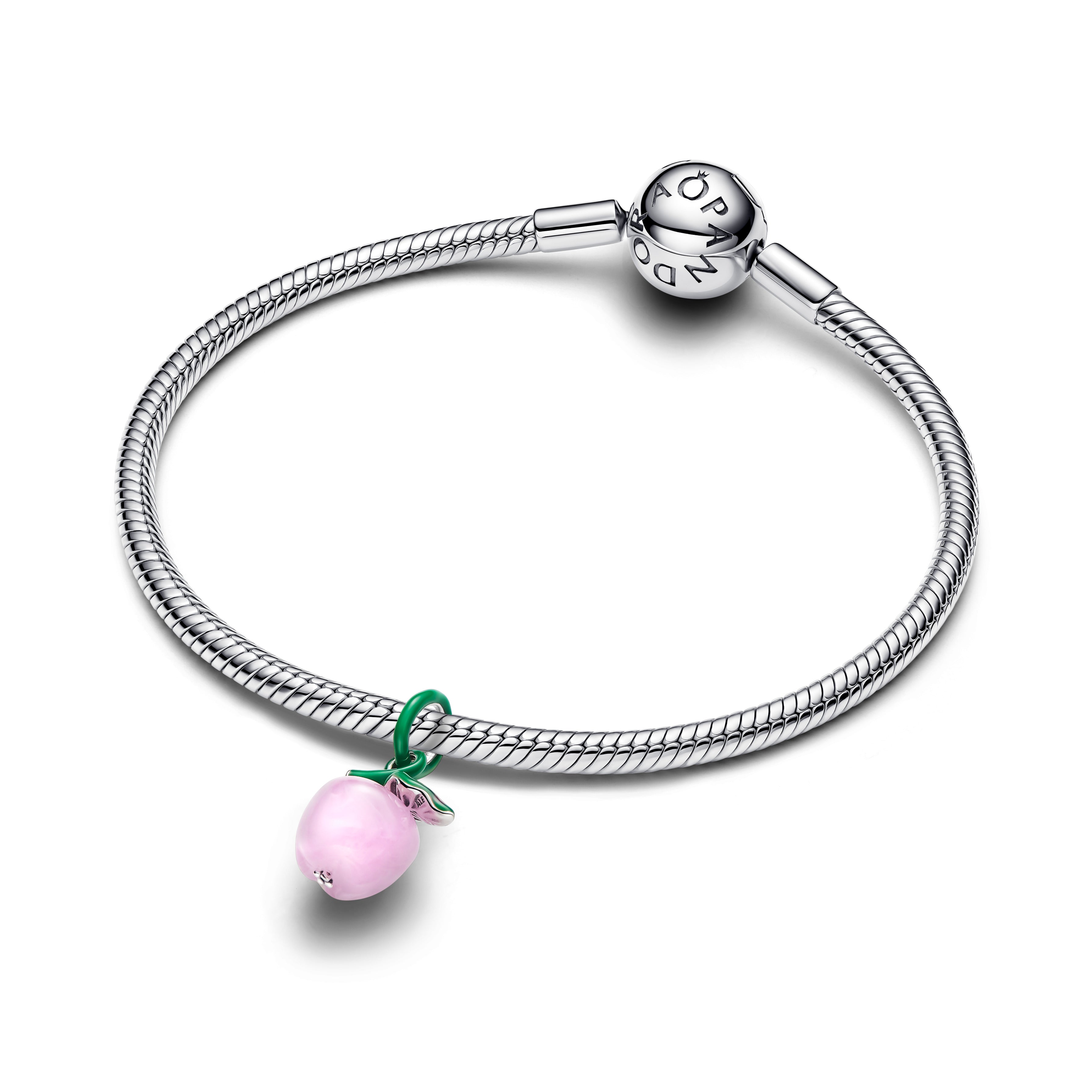 Apple Sterling Silver Dangle With Clear Cubic Zirconia, Pink Murano Glass, Green And Pink Enamel