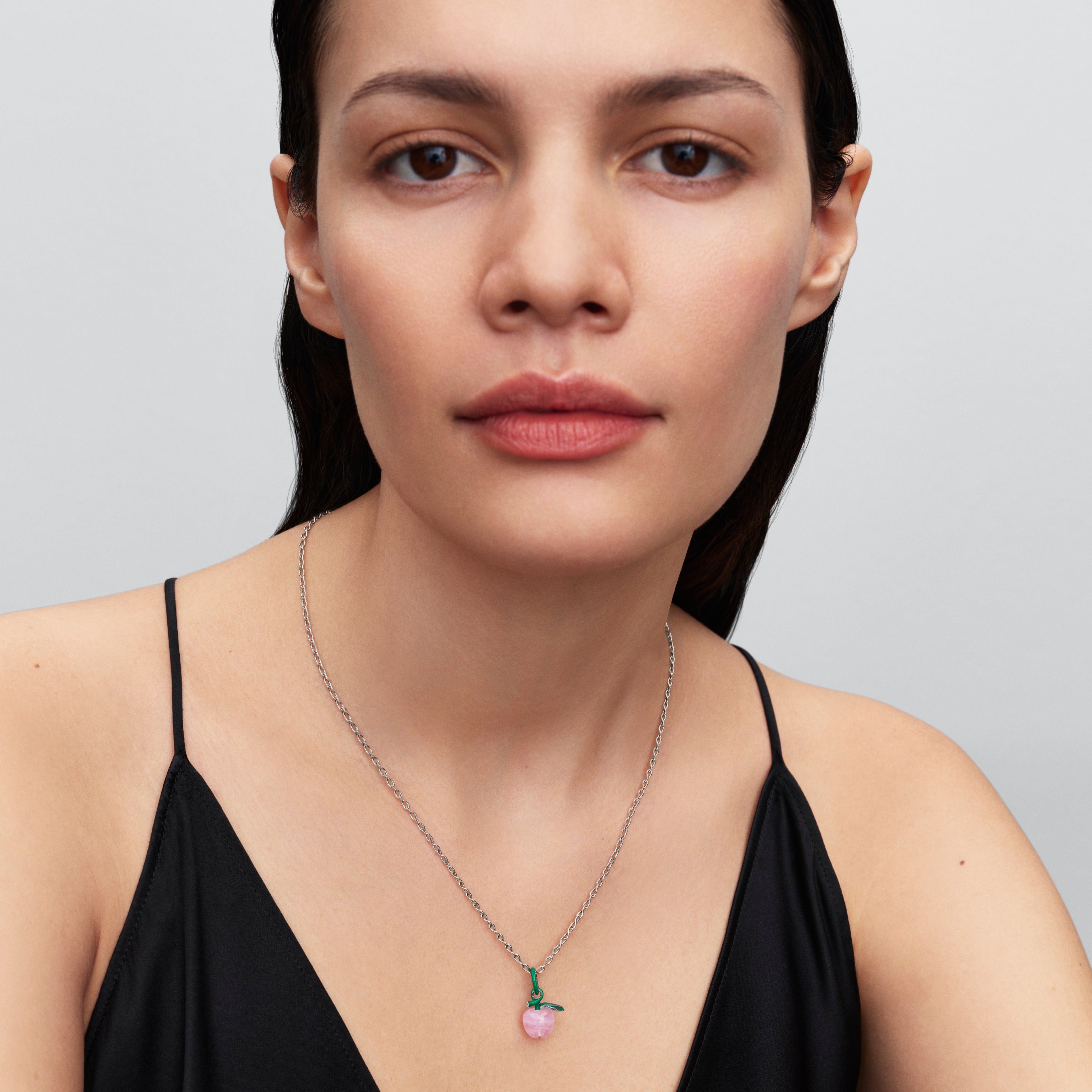 Apple Sterling Silver Dangle With Clear Cubic Zirconia, Pink Murano Glass, Green And Pink Enamel