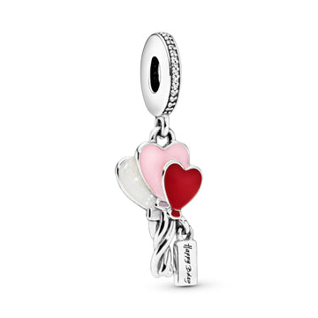 Balloons Silver Dangle With Clear Cubic Zirconia, Shimmering Silver, Pink And Red Enamel