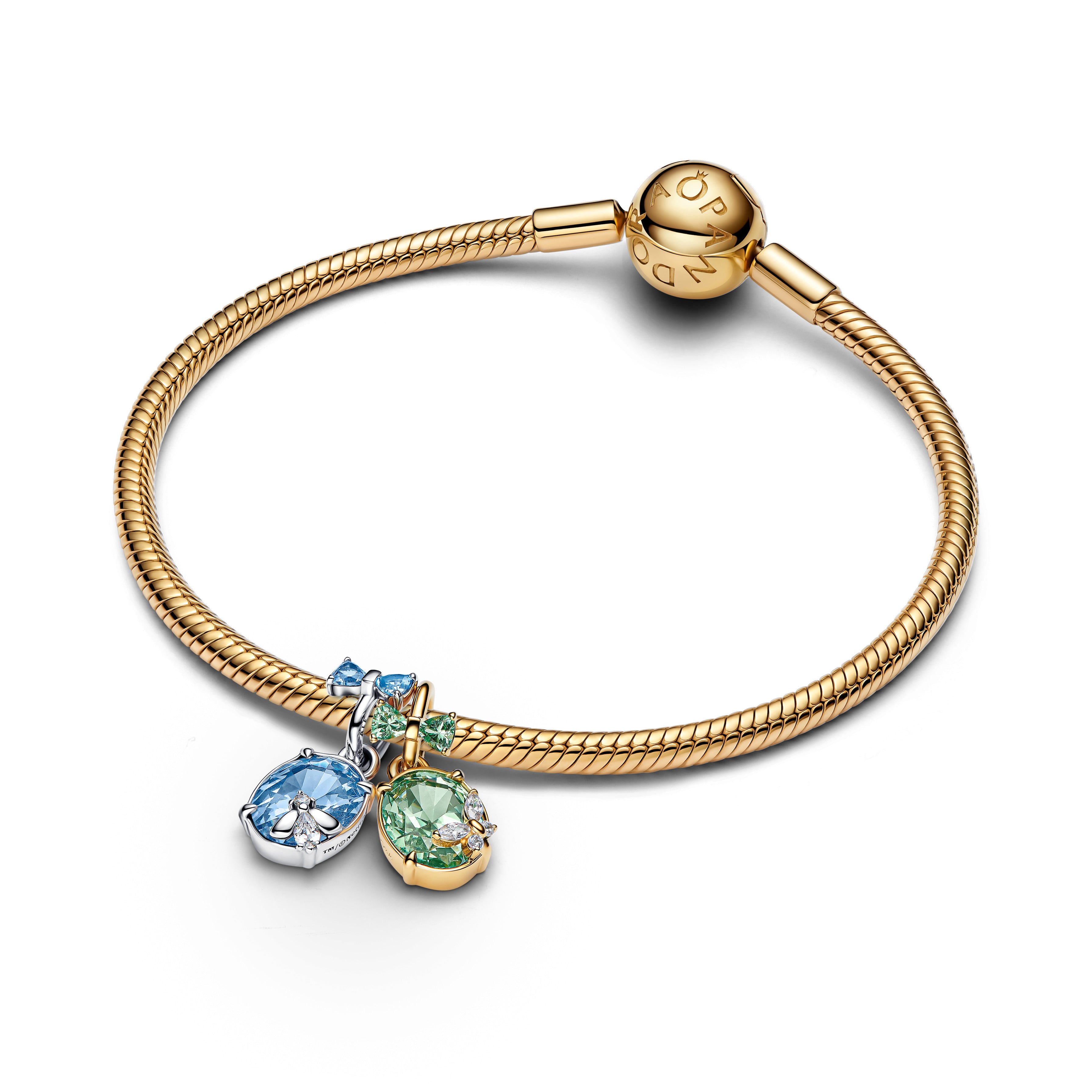 Bee And Butterfly Sterling Silver And 14K Gold-Plated Splittable Dangle With Clear Cubic Zirconia, Green And Blue Crystal