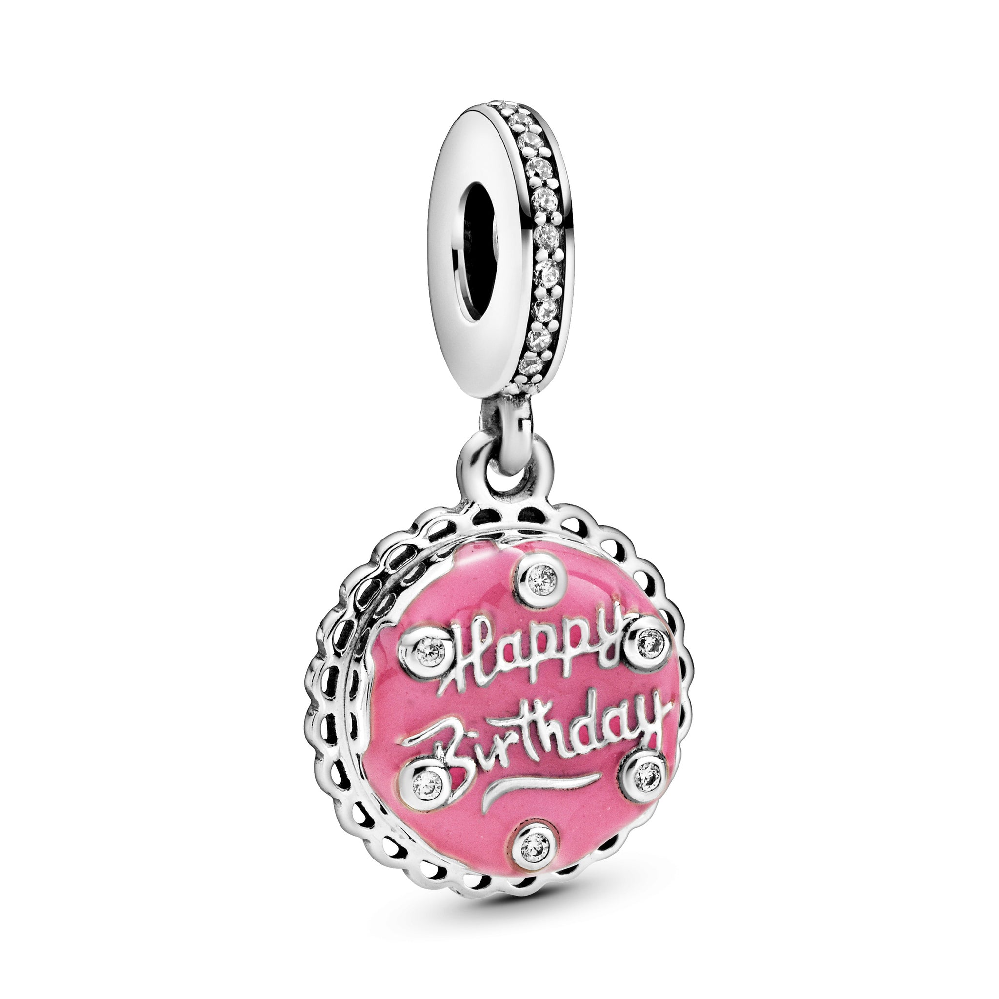 Birthday Cake Sterling Silver Dangle With Clear Cubic Zirconia And Pink Enamel
