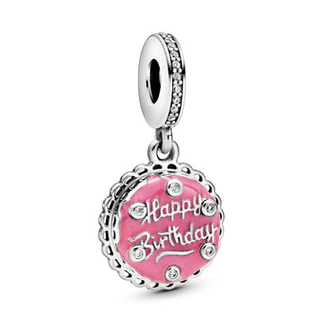Birthday Cake Sterling Silver Dangle With Clear Cubic Zirconia And Pink Enamel