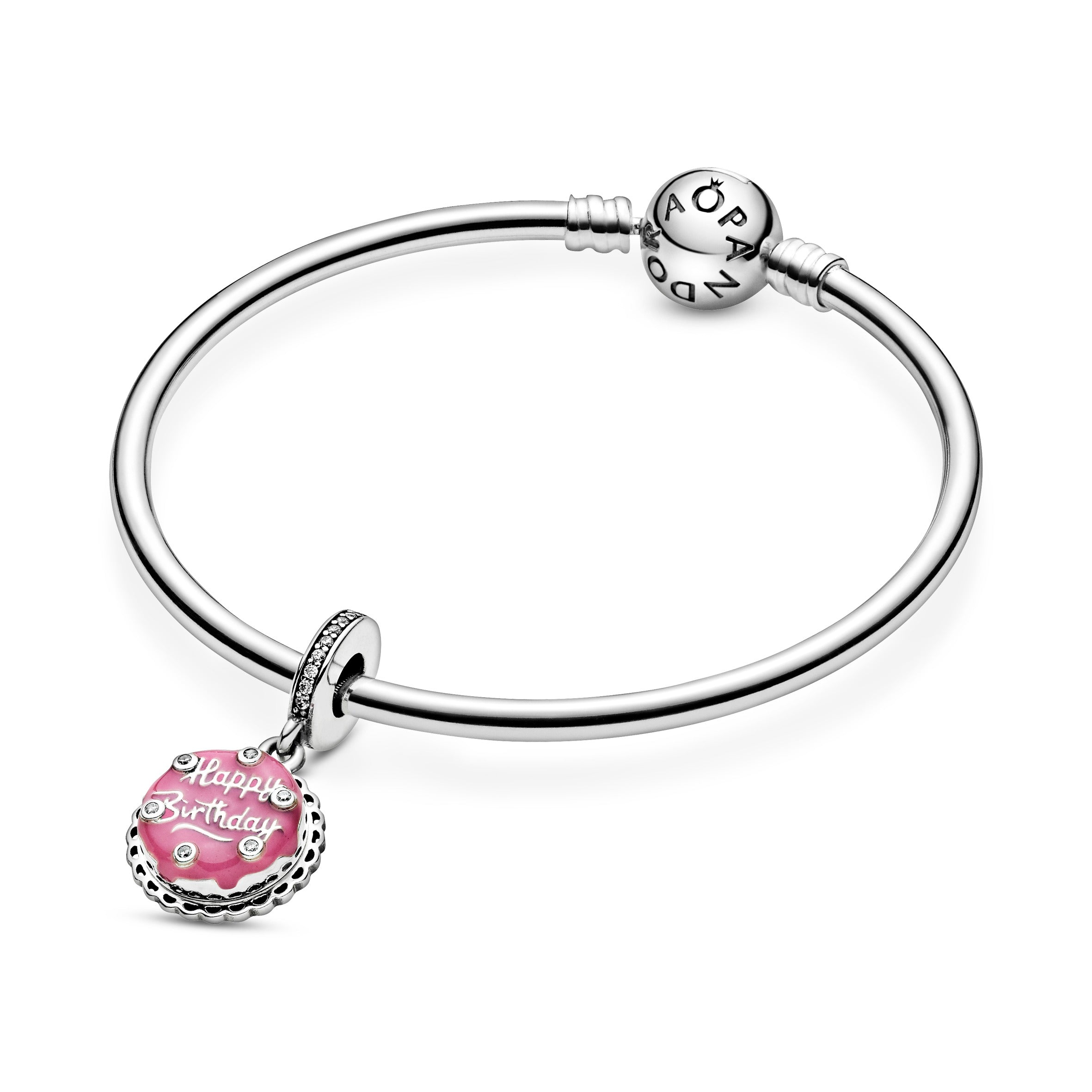 Birthday Cake Sterling Silver Dangle With Clear Cubic Zirconia And Pink Enamel