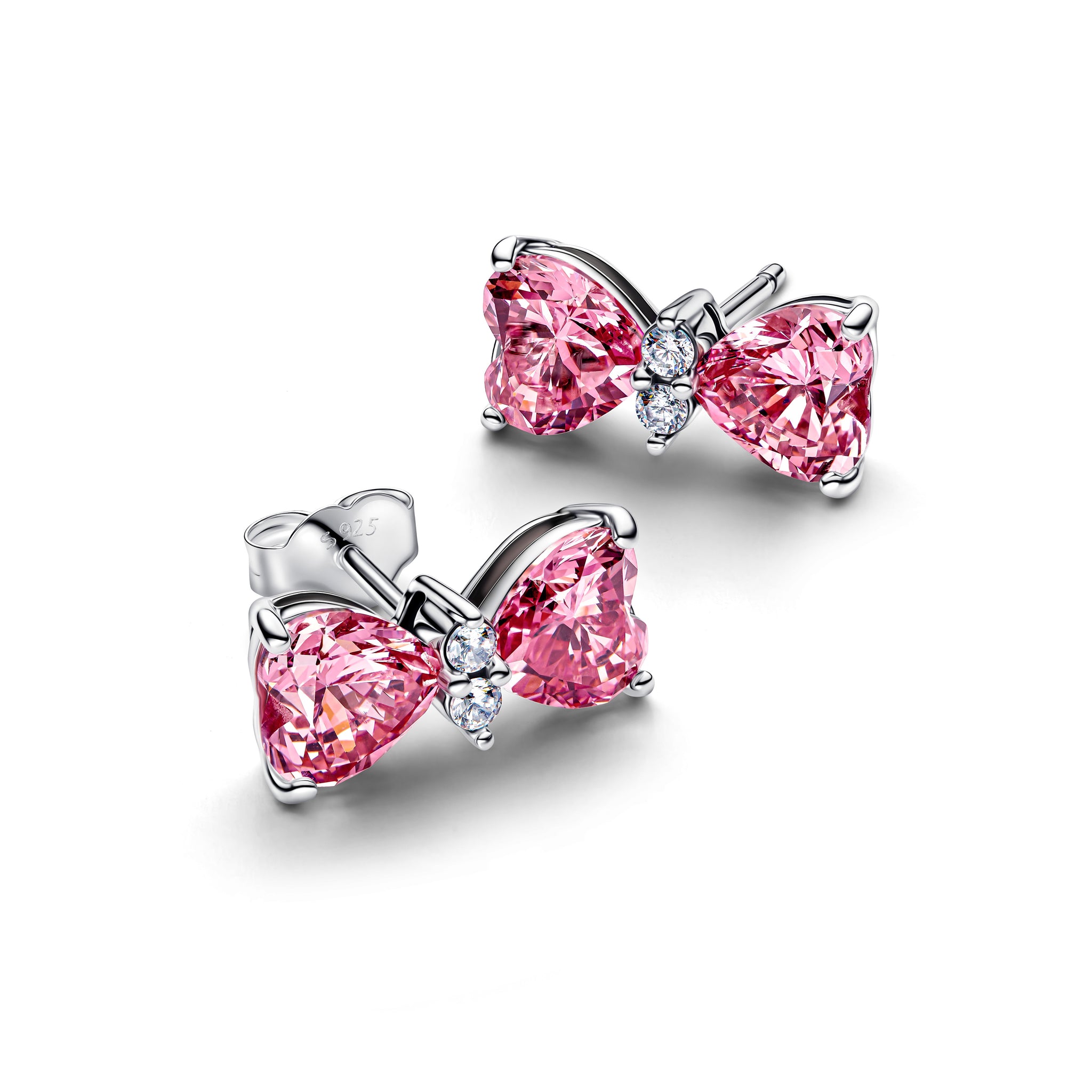 Bow Sterling Silver Stud Earrings With Fancy Pink And Clear Cubic Zirconia