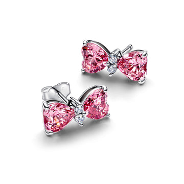 Bow Sterling Silver Stud Earrings With Fancy Pink And Clear Cubic Zirconia