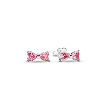 Bow Sterling Silver Stud Earrings With Fancy Pink Cubic Zirconia