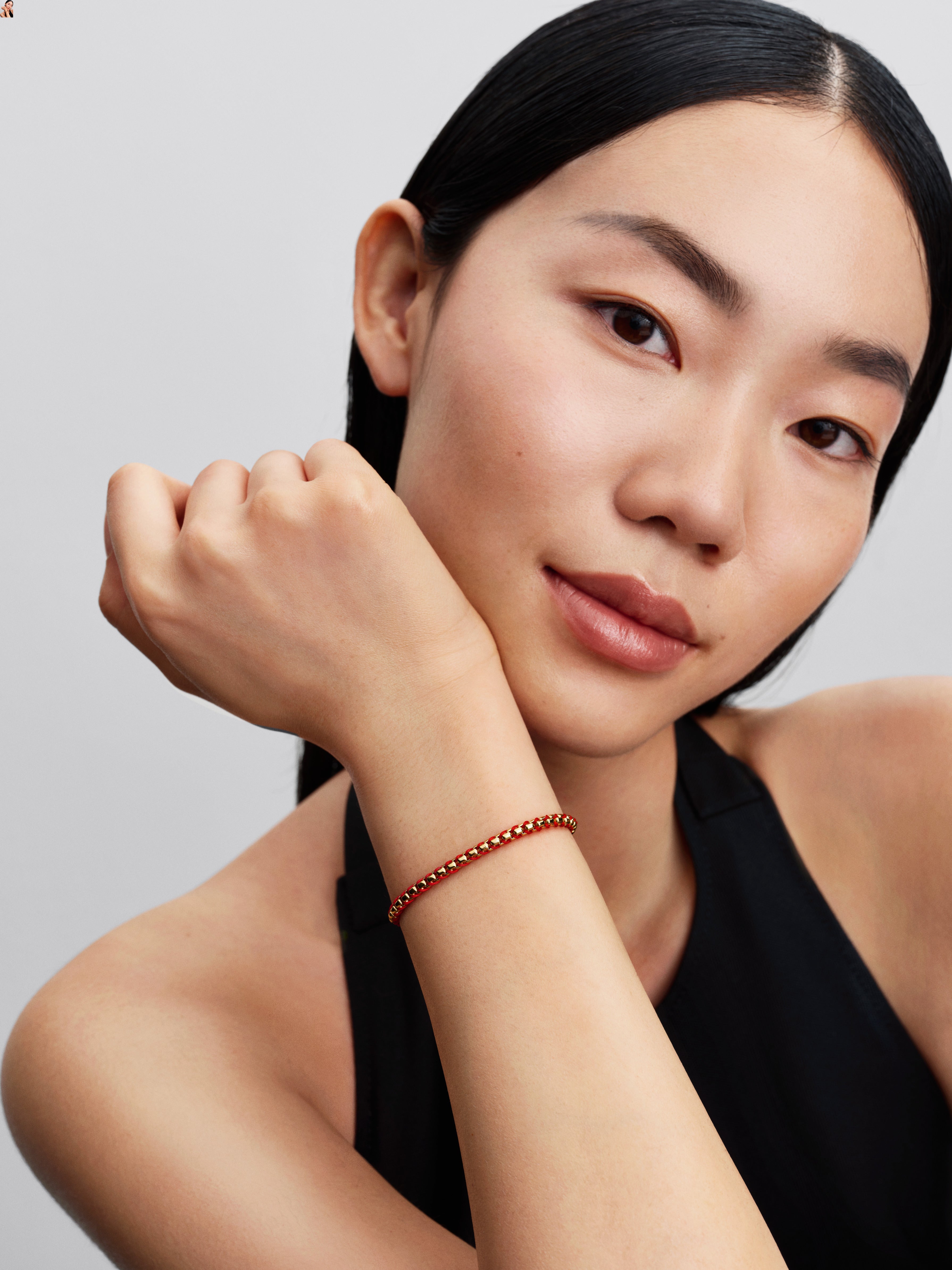 Braided 14K Gold-Plated Box Chain Bracelet With Red Textile Cord