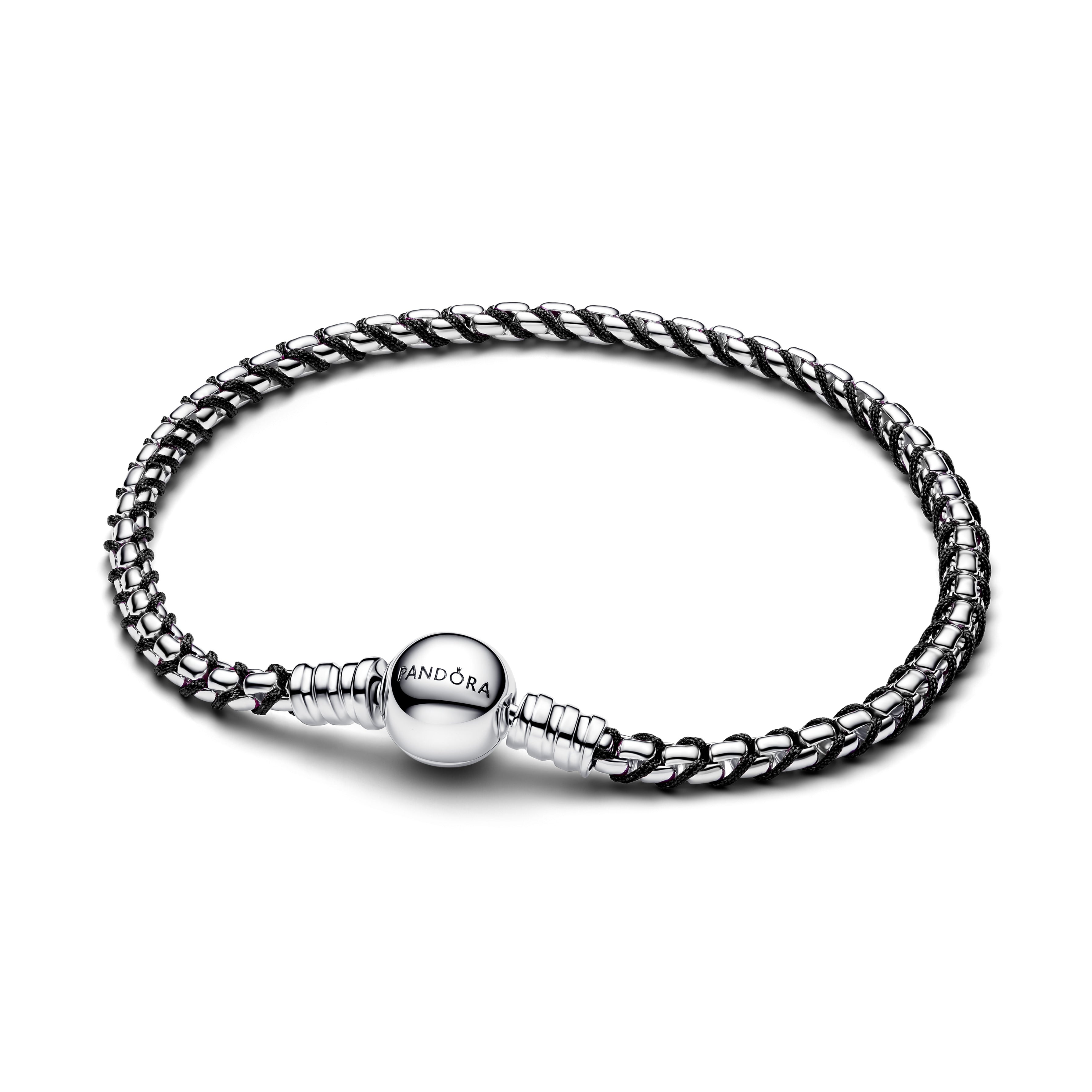 Braided Sterling Silver Box Chain Bracelet With Black Textile Cord